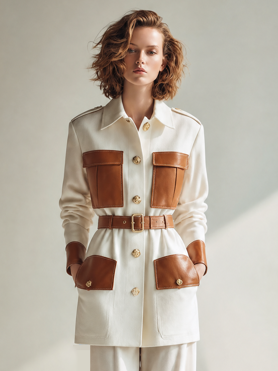 Women's Vintage Utility Contrast-Leather Collared Belted Single-Breasted Long-Sleeve Jacket MDZ0690H9CMX