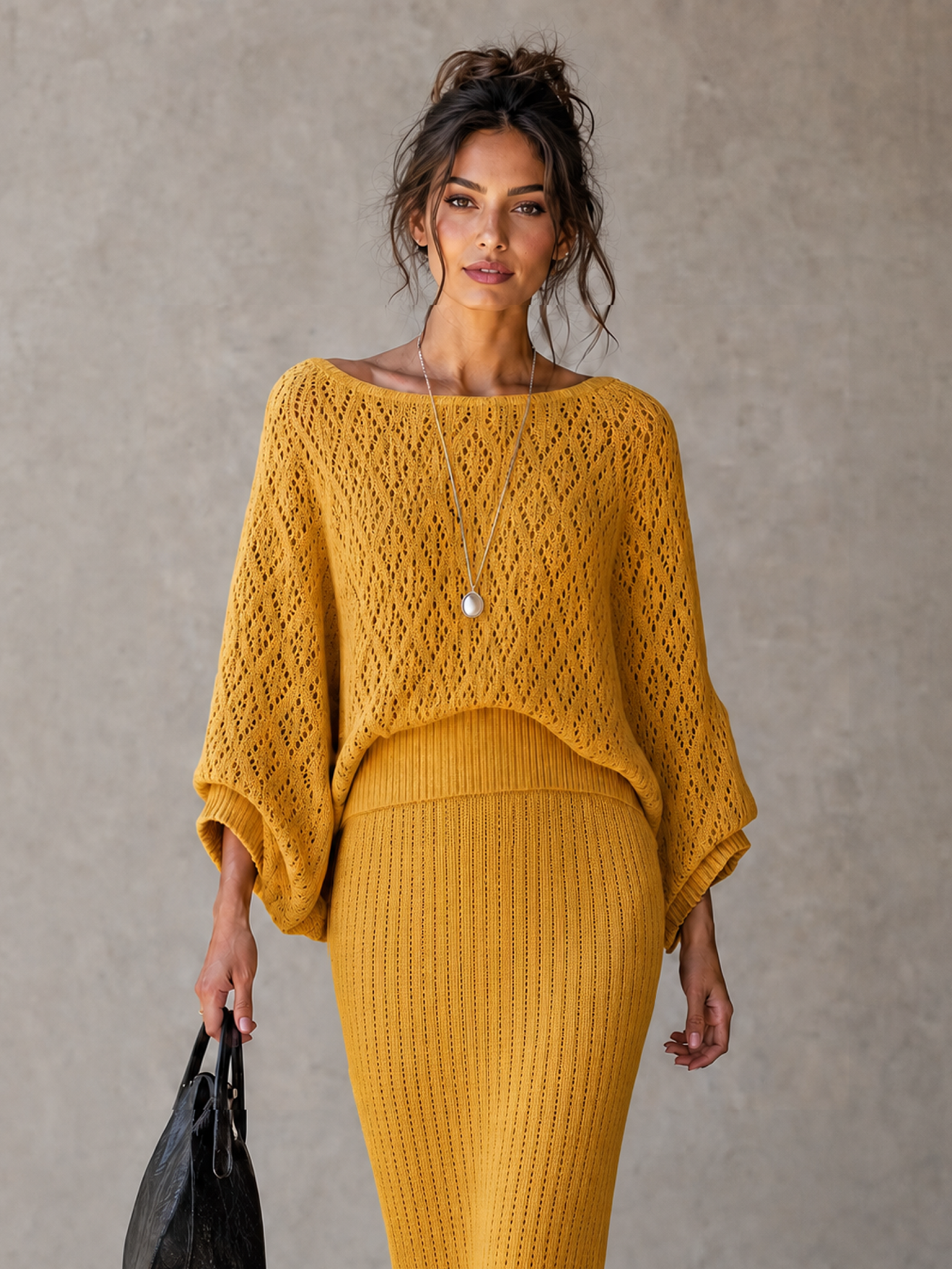 Women's Minimalist Knit Batwing-Sleeve Sweater And Skirt Set With Diamond Openwork Detail MDZ0629H2WY
