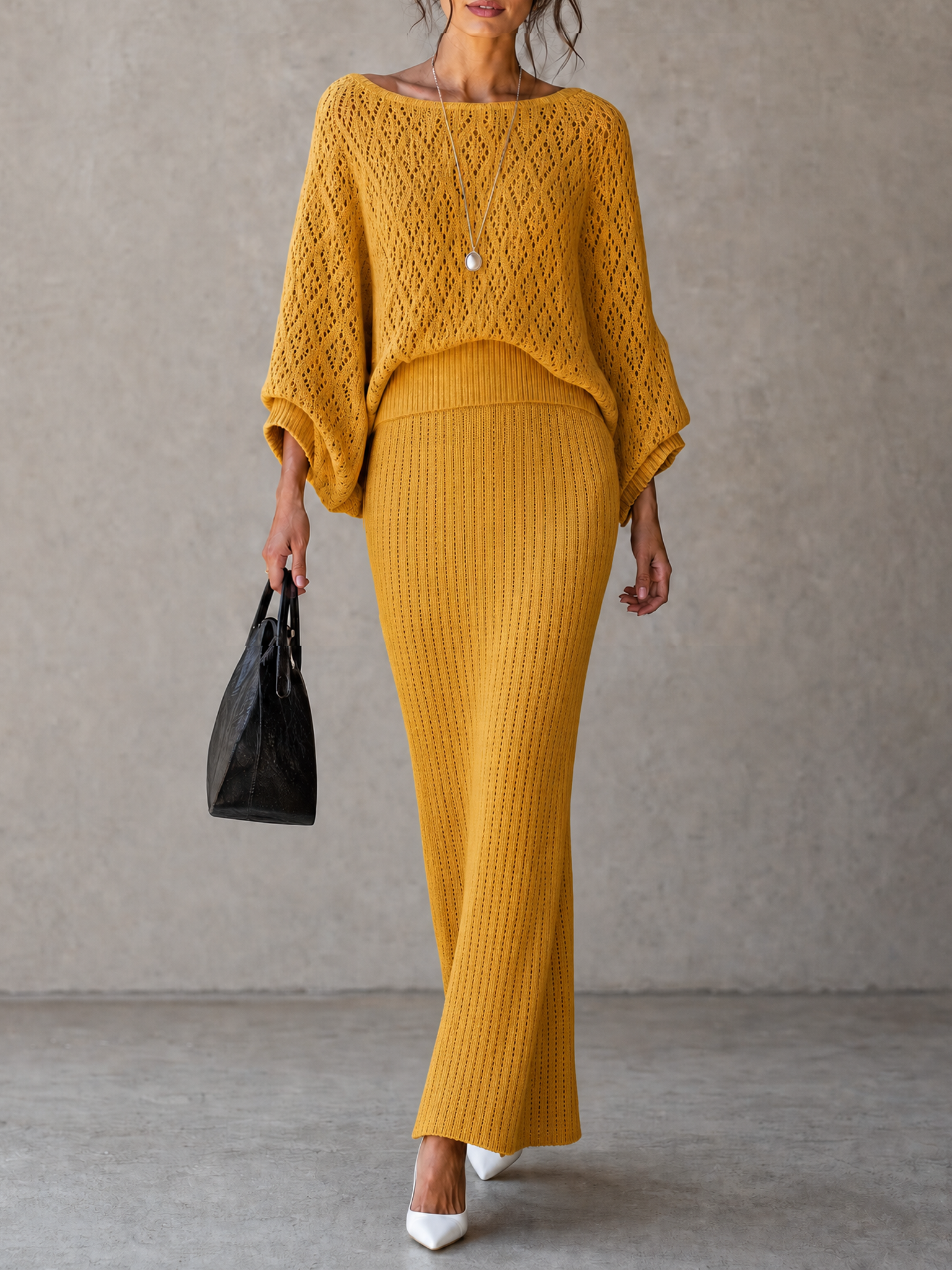 Women's Minimalist Knit Batwing-Sleeve Sweater And Skirt Set With Diamond Openwork Detail MDZ0629H2WY
