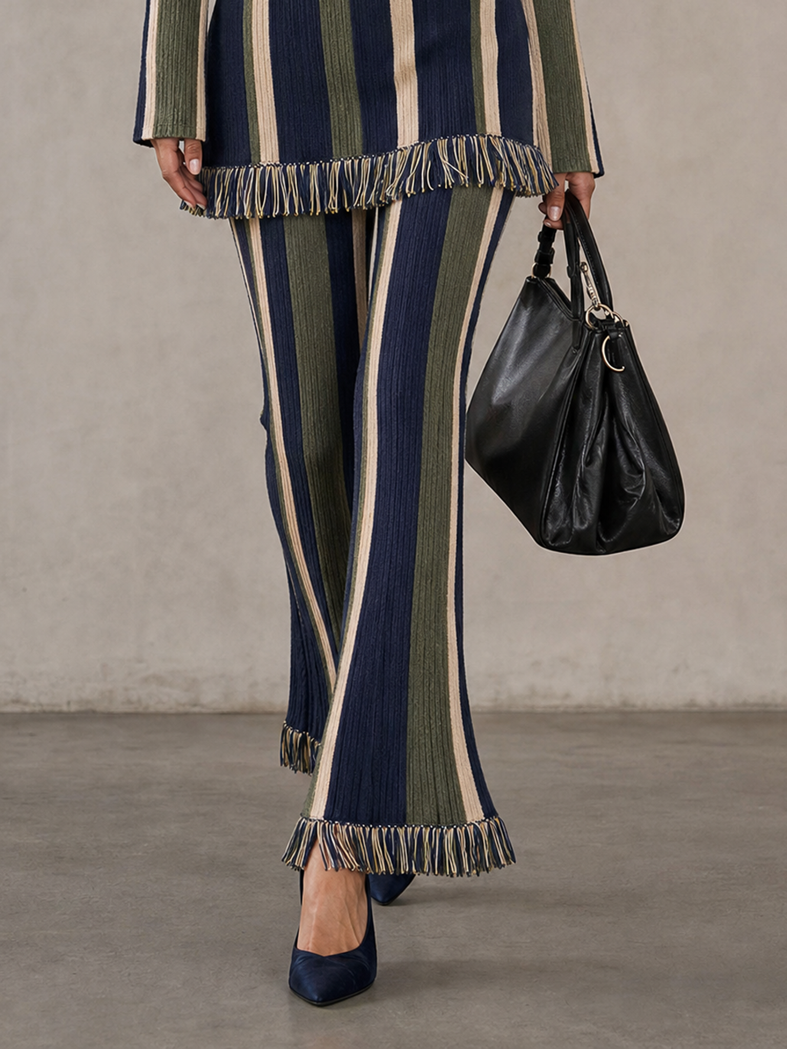 Women's Minimalist Vertical-Stripe Knit Set With Raw Edges MDZ0607H7WY