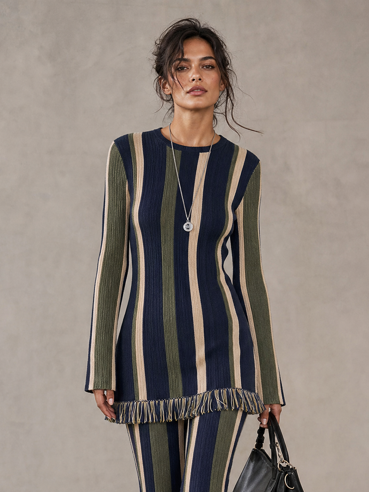 Women's Minimalist Vertical-Stripe Knit Set With Raw Edges MDZ0607H7WY