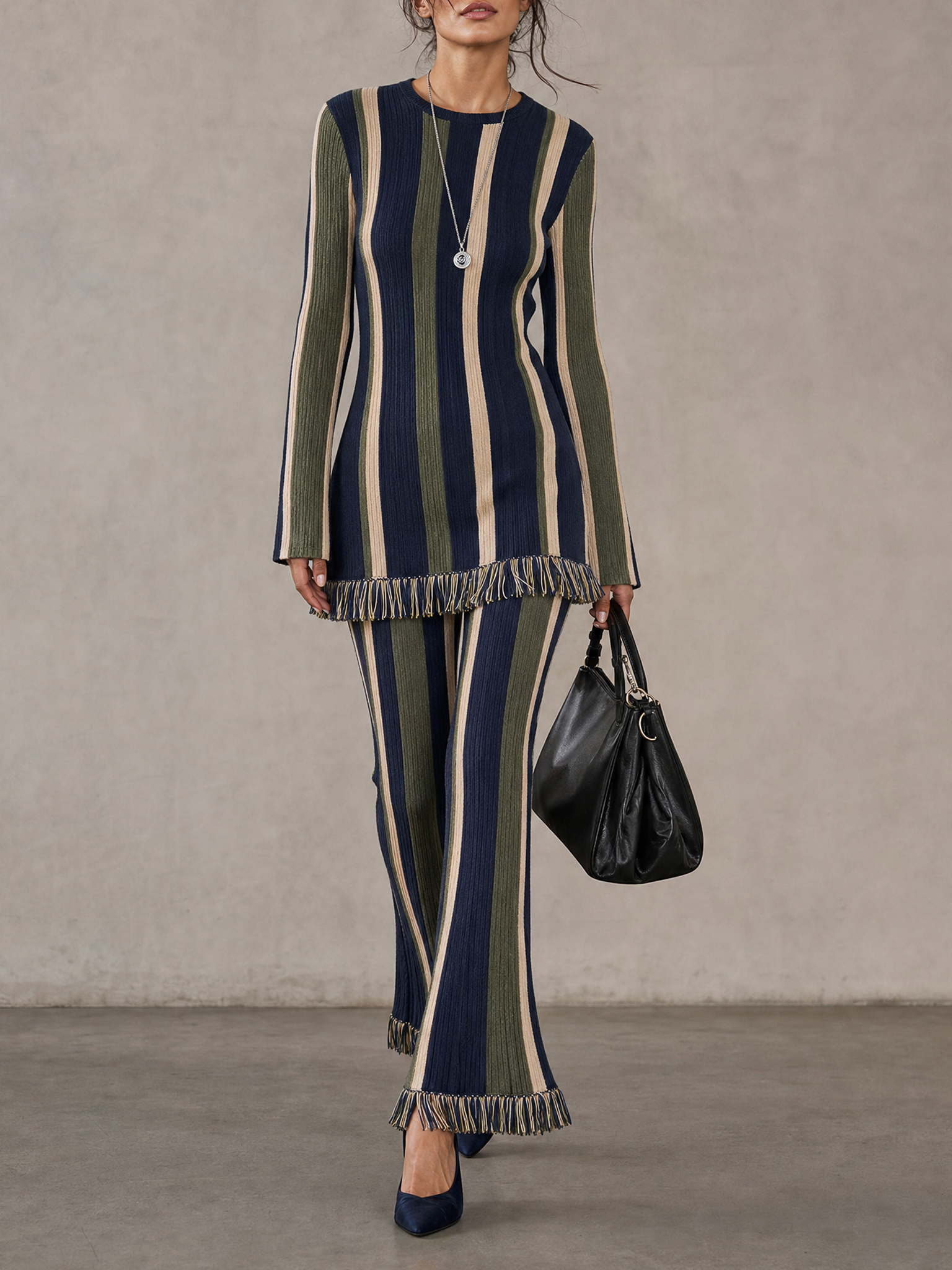 Women's Minimalist Vertical-Stripe Knit Set With Raw Edges MDZ0607H7WY