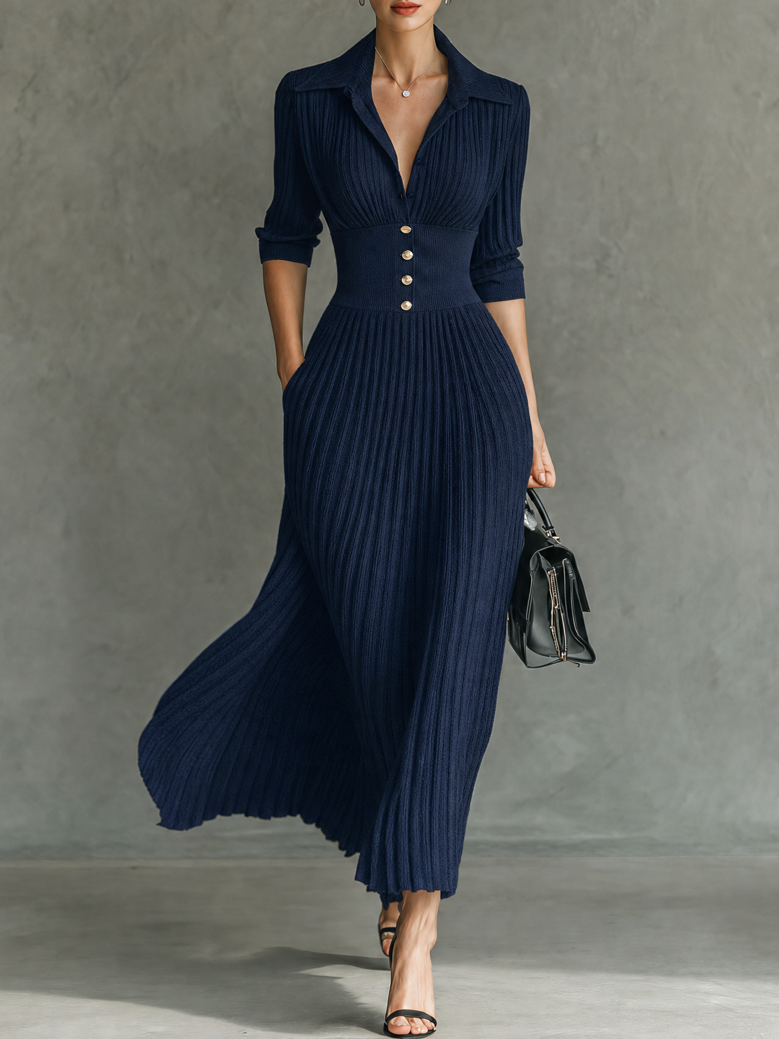 Women's Elegant Button-Front Collared Pleated Knit Dress MDZ0607H5WY