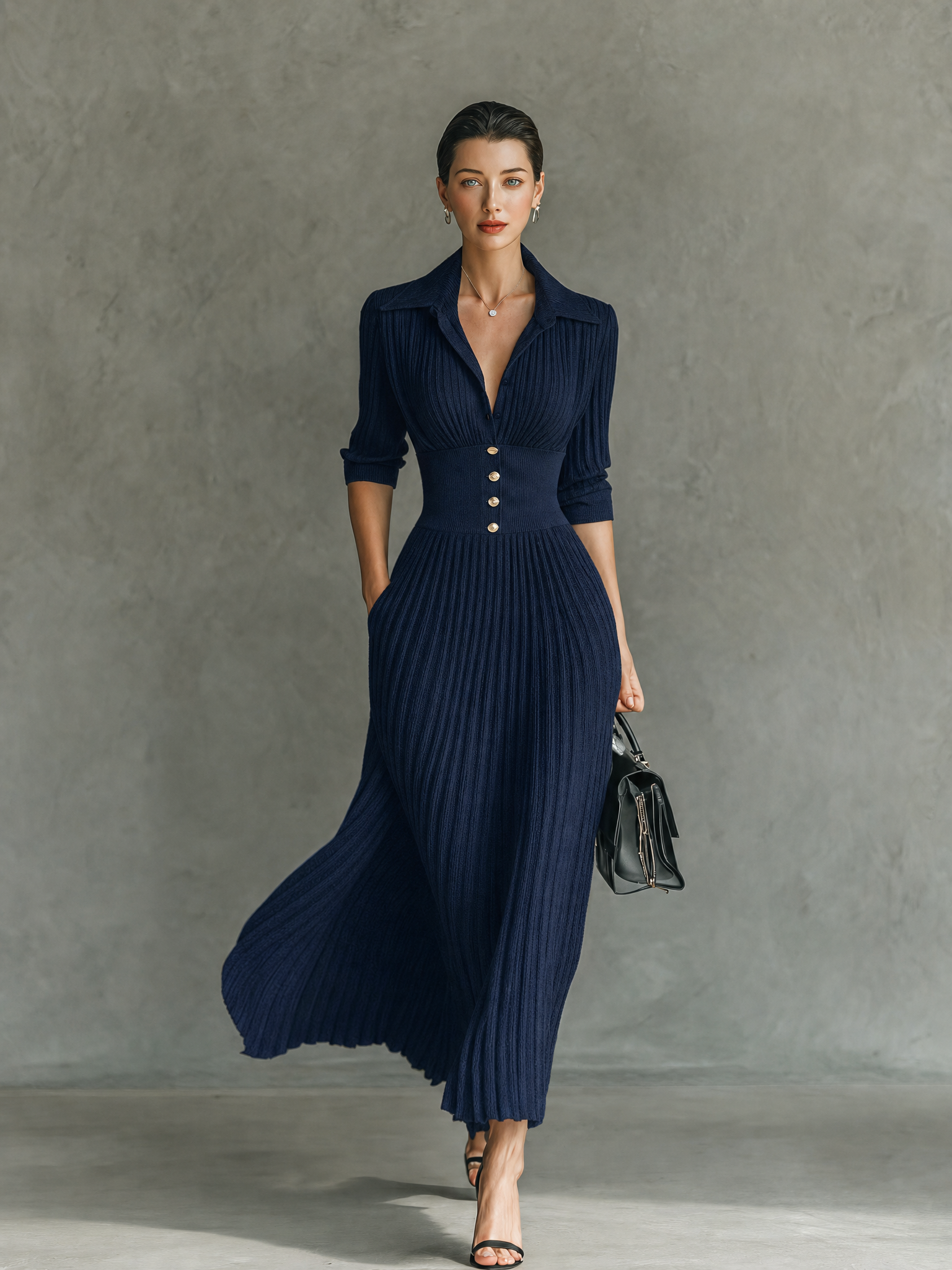 Women's Elegant Button-Front Collared Pleated Knit Dress MDZ0607H5WY