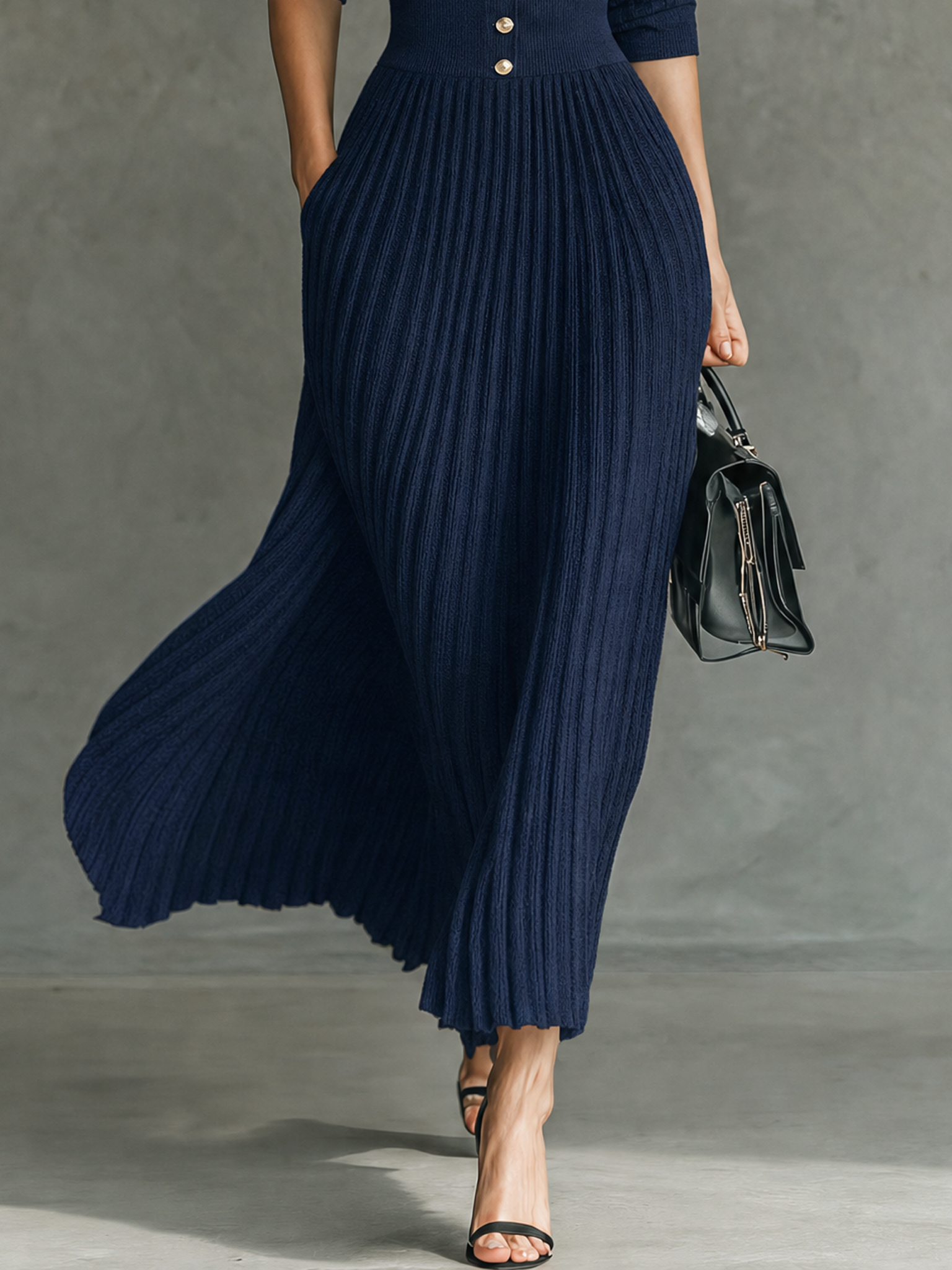 Women's Elegant Button-Front Collared Pleated Knit Dress MDZ0607H5WY