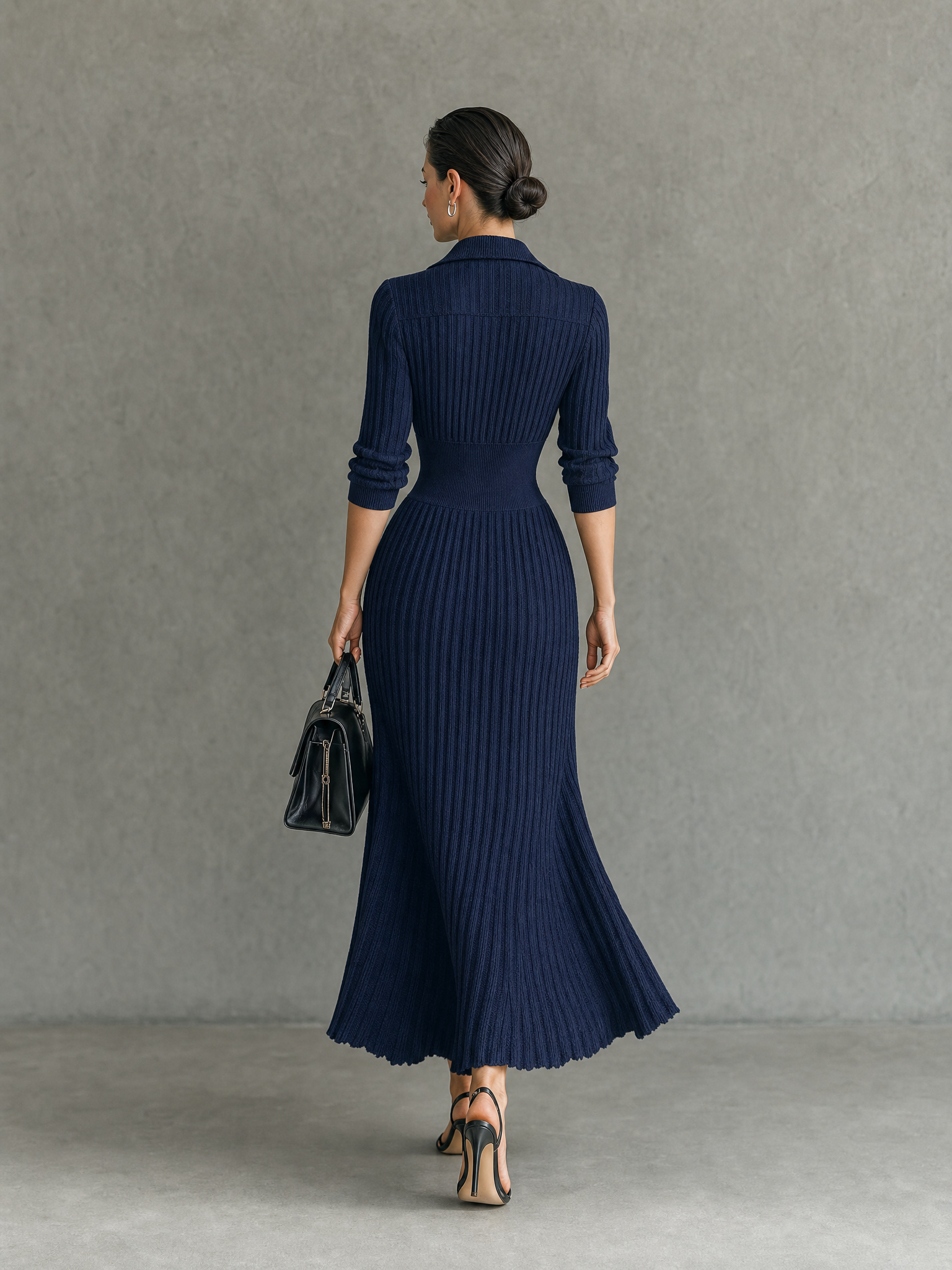 Women's Elegant Button-Front Collared Pleated Knit Dress MDZ0607H5WY