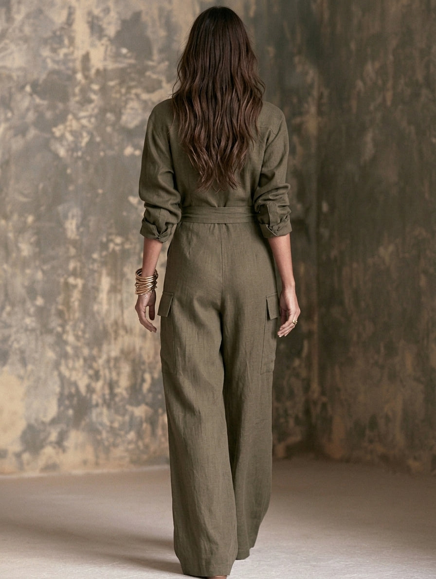 Women's Casual Dark Green Cotton-Linen Long-Sleeve Jumpsuit MDZ0681H5LXY