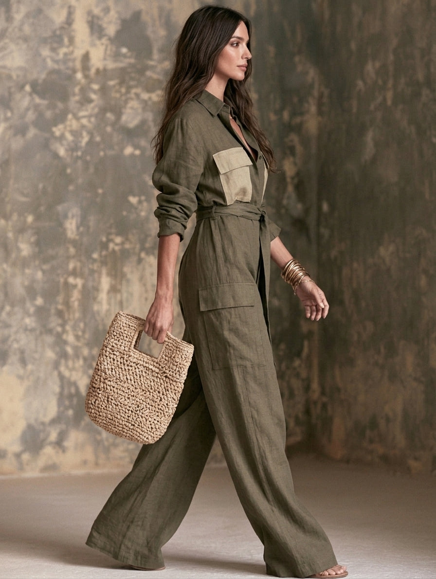 Women's Casual Dark Green Cotton-Linen Long-Sleeve Jumpsuit MDZ0681H5LXY