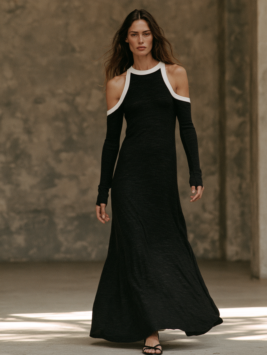 Women's Minimalist Long-Sleeve Maxi Dress In Stretch Jersey With White Trim MDZ0659H9WY