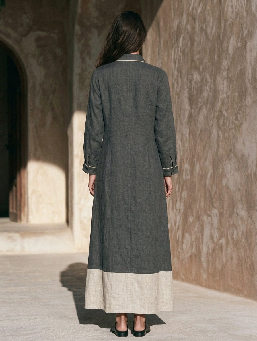 Women's Casual Grey Cotton-linen Long-sleeved Maxi Dress MDZ0608H7LXY