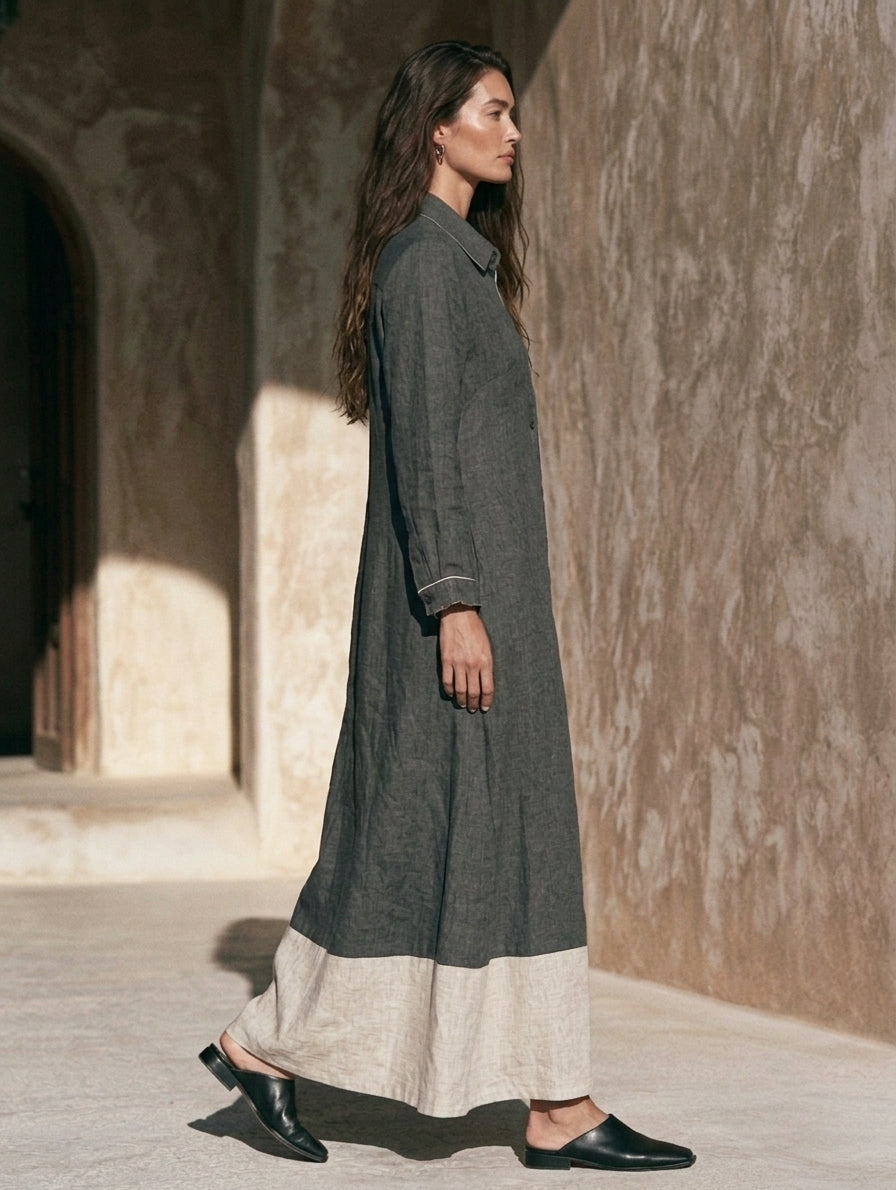Women's Casual Grey Cotton-linen Long-sleeved Maxi Dress MDZ0608H7LXY