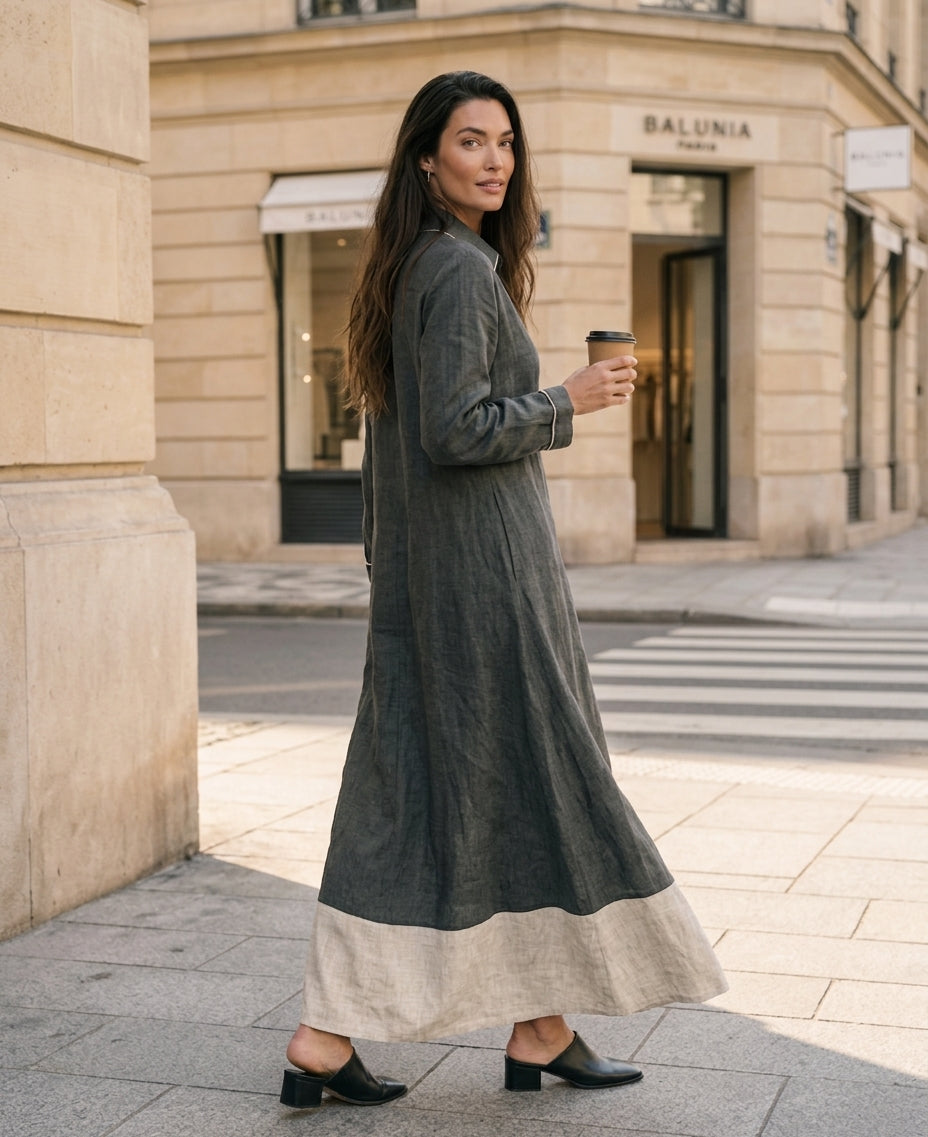 Women's Casual Grey Cotton-linen Long-sleeved Maxi Dress MDZ0608H7LXY – Modesees