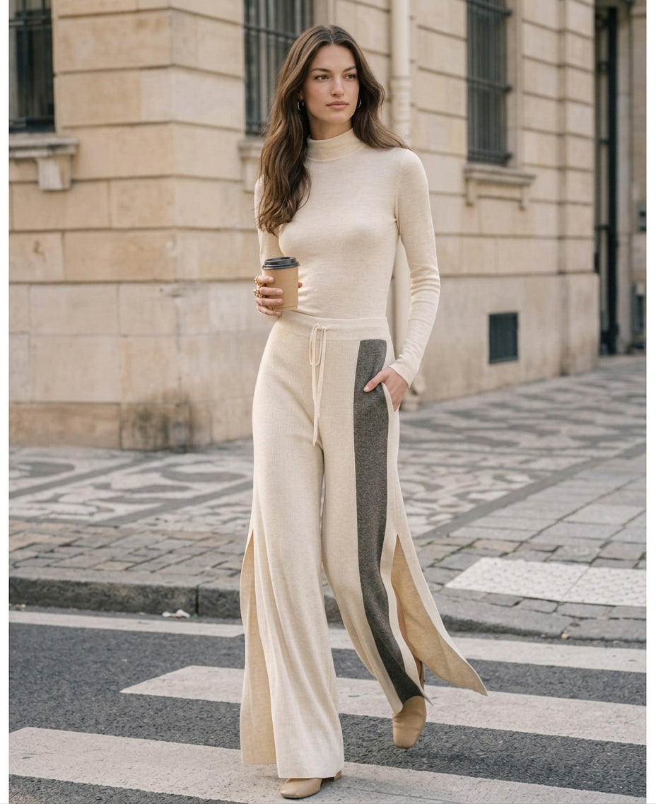 Women's Beige Long-sleeve Top And Pants Set In Stretchy Knit Fabric MDZ0635H5LXY
