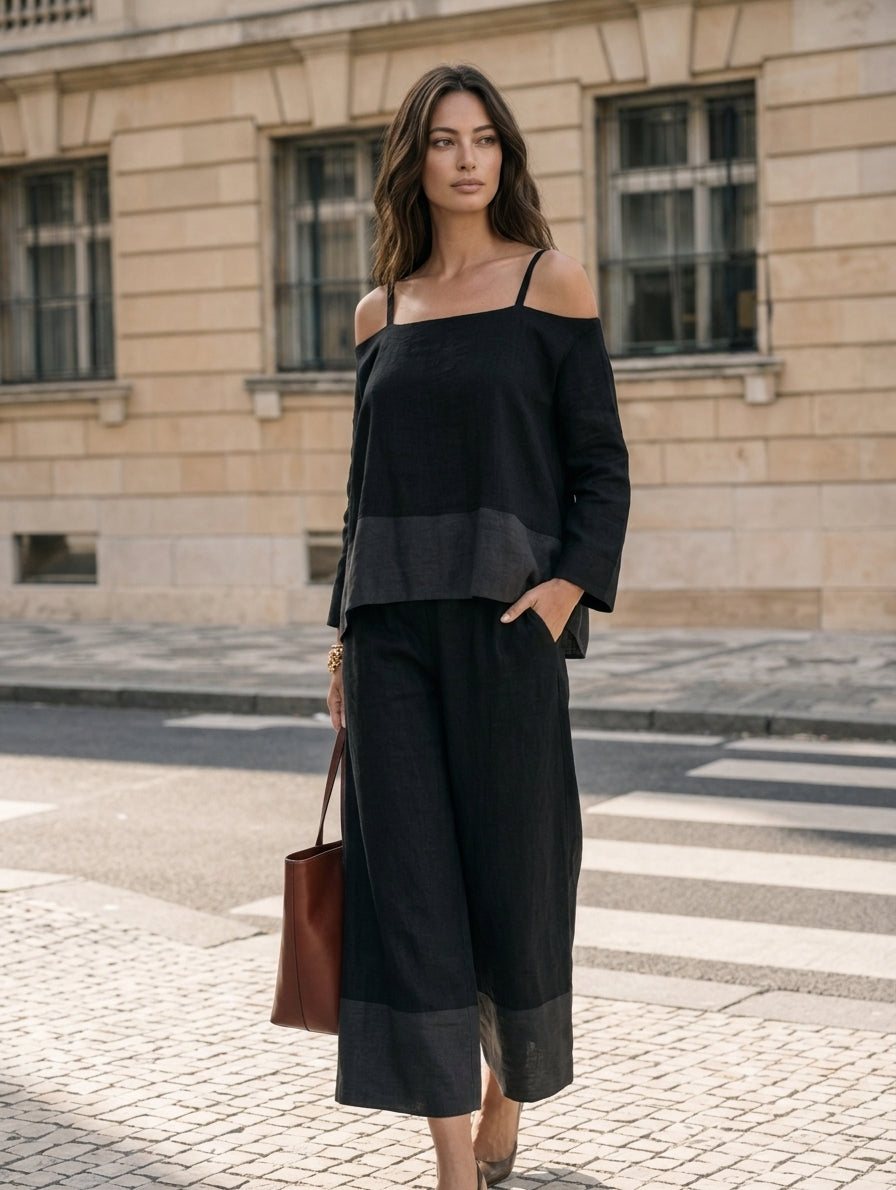 Women's Casual Black Cotton-Linen Long-Sleeve Off-Shoulder Set MDZ0671H0LXY