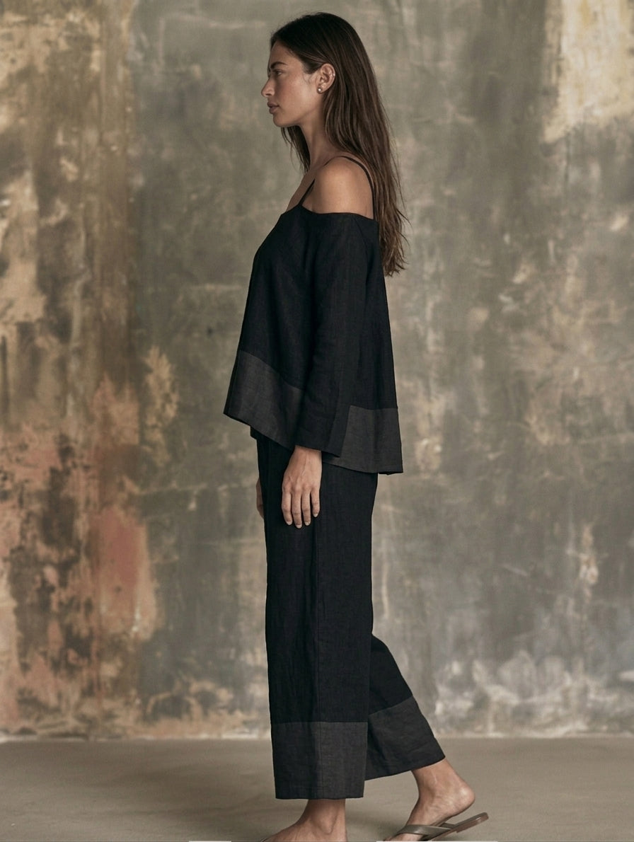Women's Casual Black Cotton-Linen Long-Sleeve Off-Shoulder Set MDZ0671H0LXY