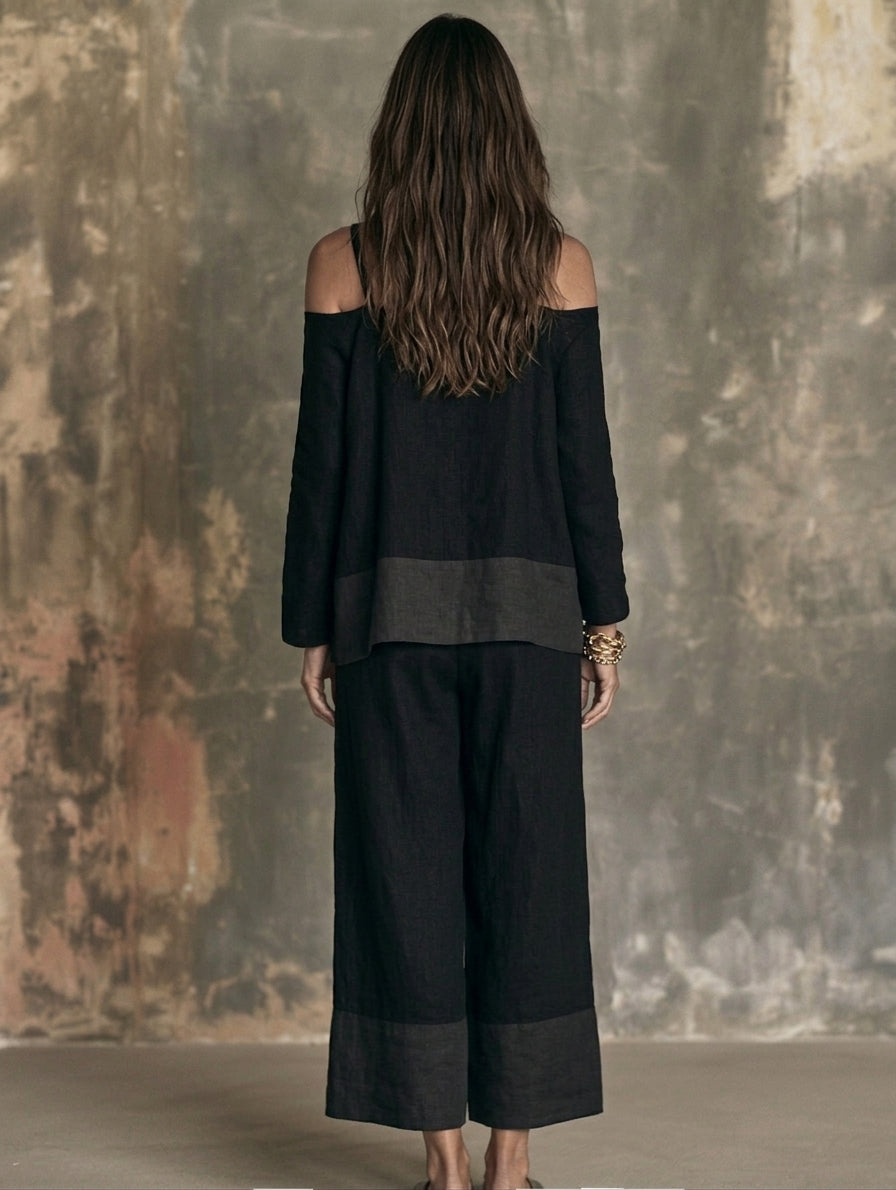 Women's Casual Black Cotton-Linen Long-Sleeve Off-Shoulder Set MDZ0671H0LXY