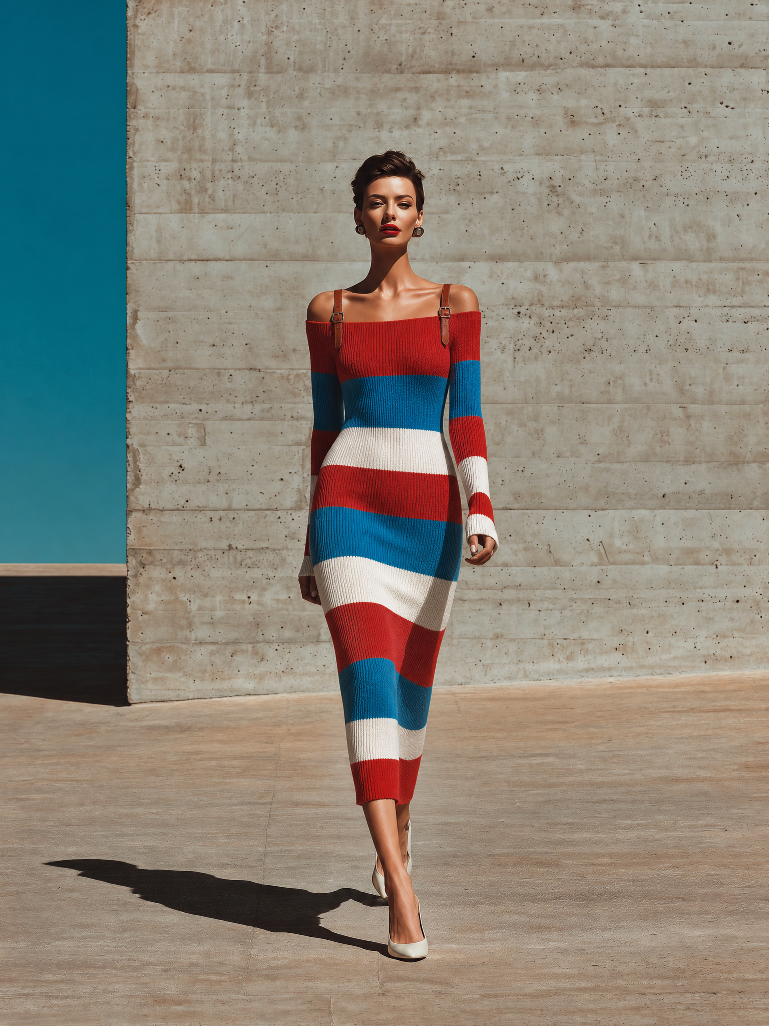 Women's Off Shoulder Buckle Strap Striped Bodycon Dress MDZ0613H5YZJ