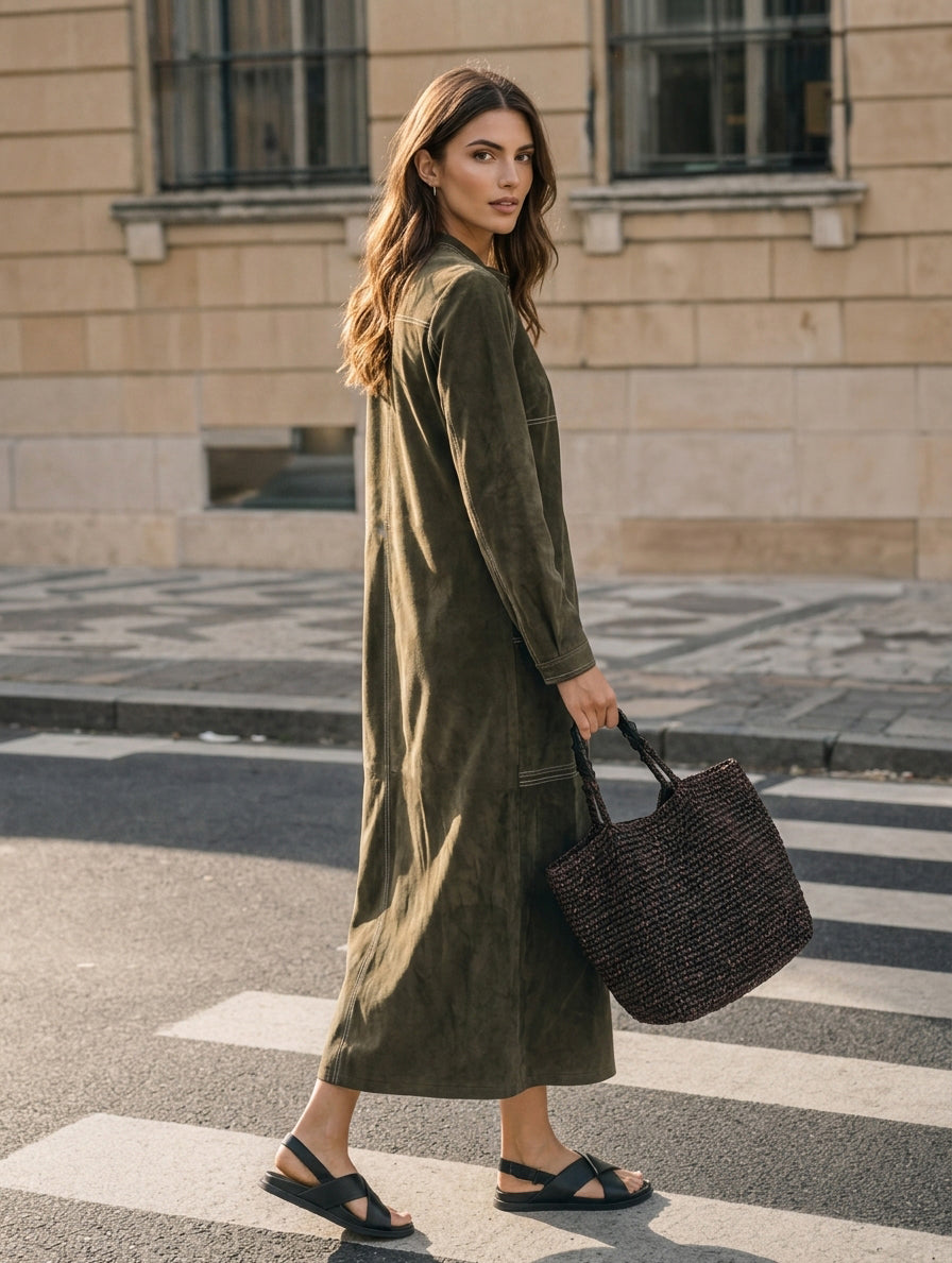 Women's Casual Olive Green Suede Long-sleeve Maxi Dress MDZ0631H8LXY