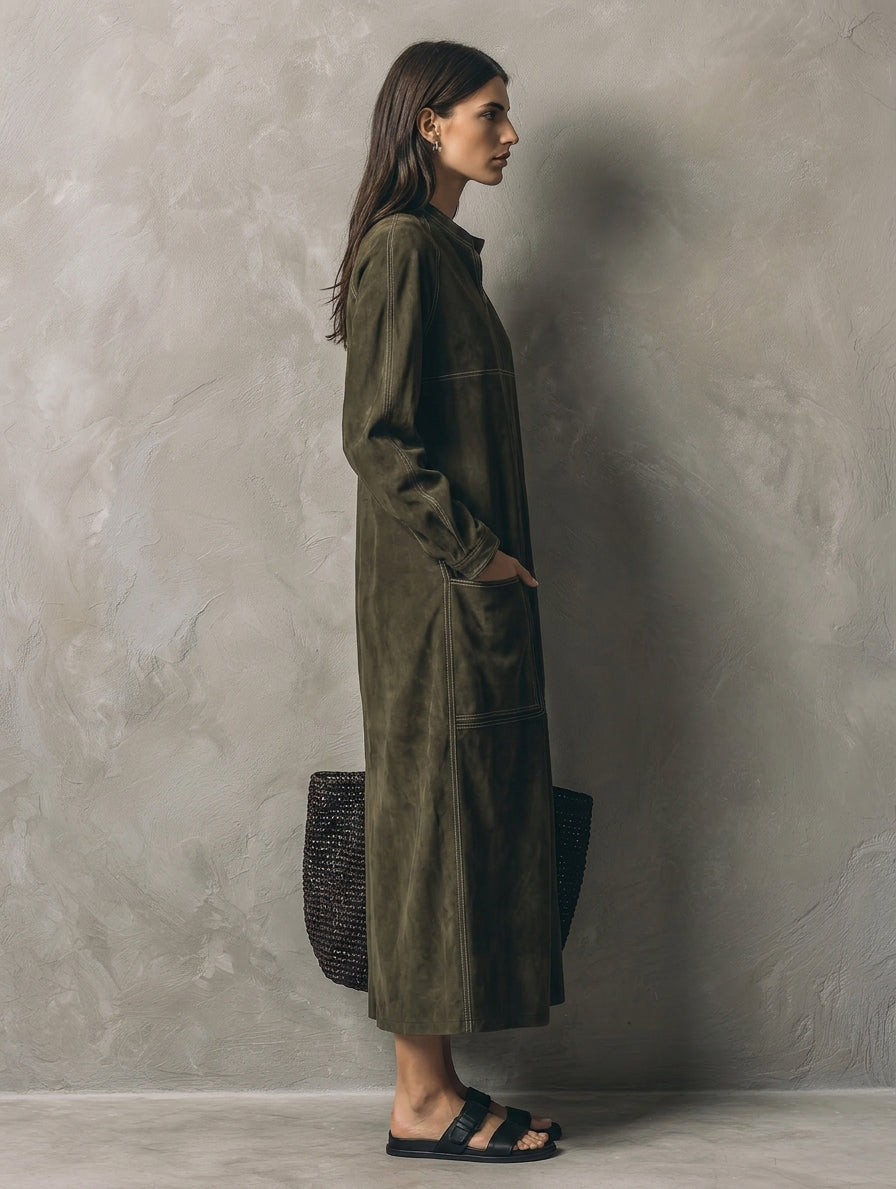 Women's Casual Olive Green Suede Long-sleeve Maxi Dress MDZ0631H8LXY