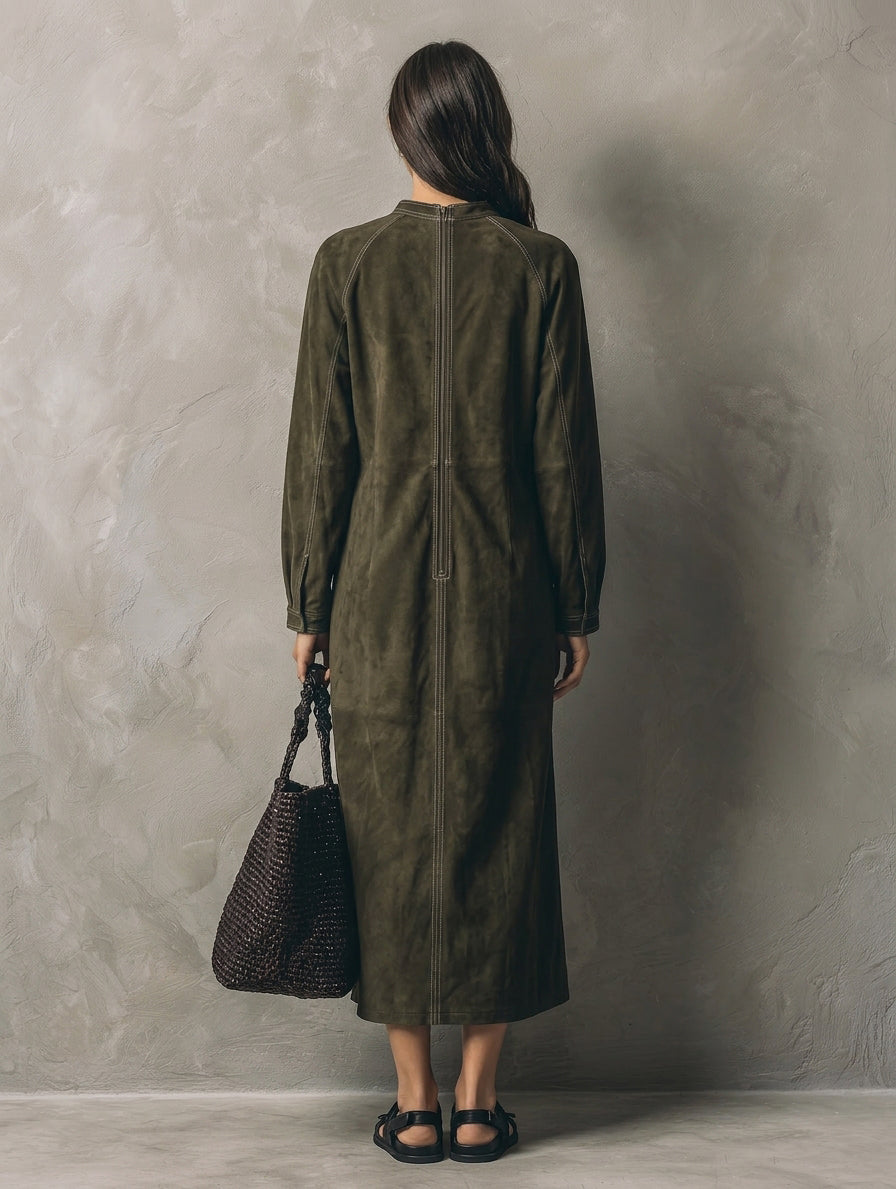 Women's Casual Olive Green Suede Long-sleeve Maxi Dress MDZ0631H8LXY