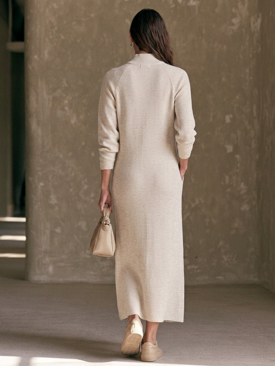 Women's Casual Oatmeal Knit Long-Sleeve Maxi Dress With Zip Collar MDZ0698H4LXY