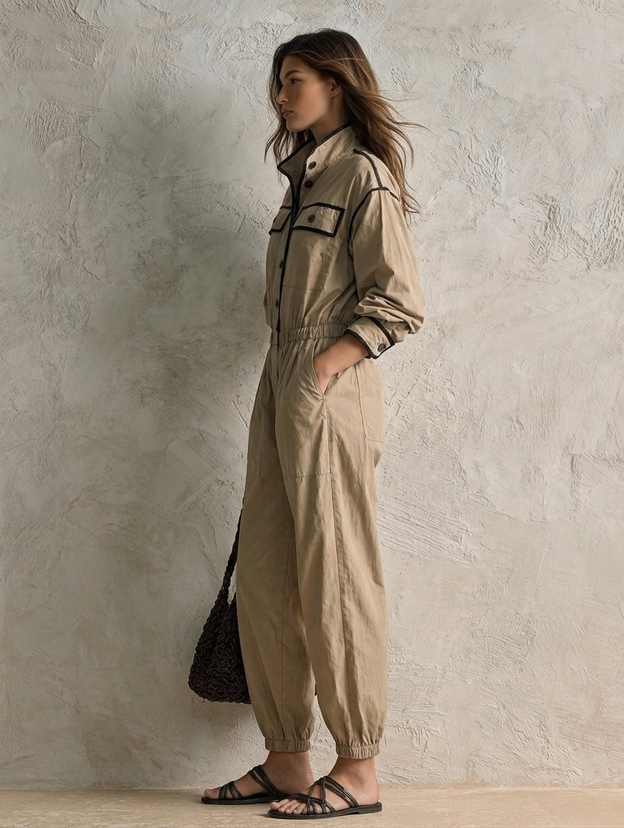 Women's Casual Khaki Woven Long-Sleeve Jumpsuit MDZ0655H6LXY