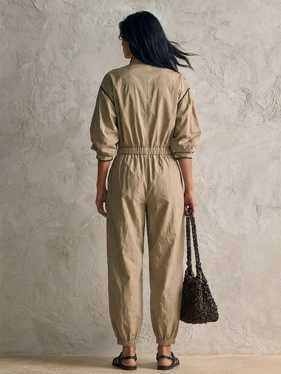 Women's Casual Khaki Woven Long-Sleeve Jumpsuit MDZ0655H6LXY