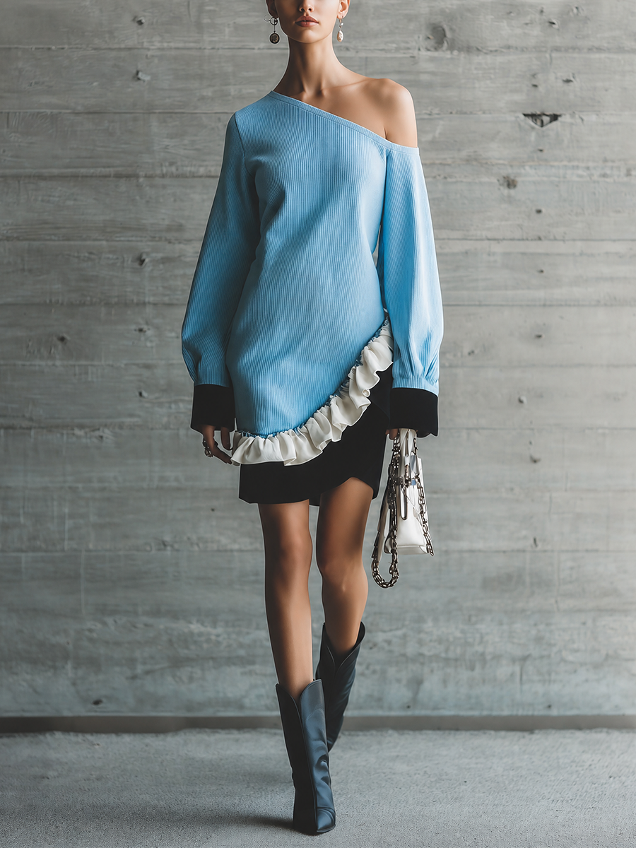 Women's One Shoulder Ruffle Hem Blue Dress MDZ0676H2YZJ