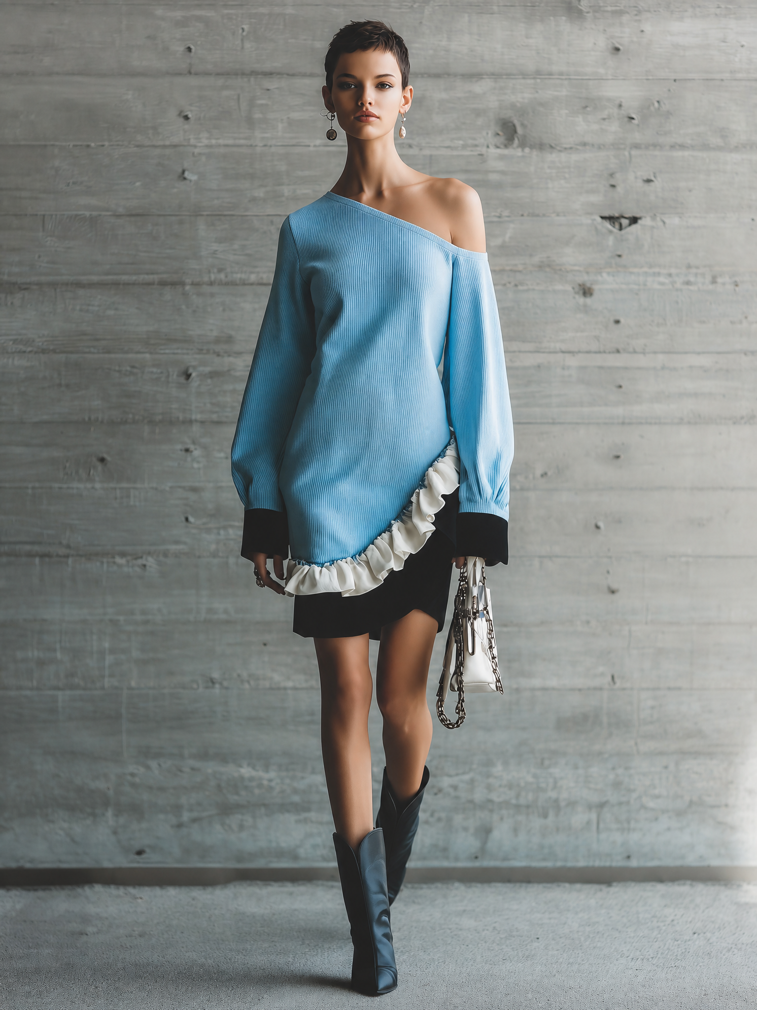 Women's One Shoulder Ruffle Hem Blue Dress MDZ0676H2YZJ