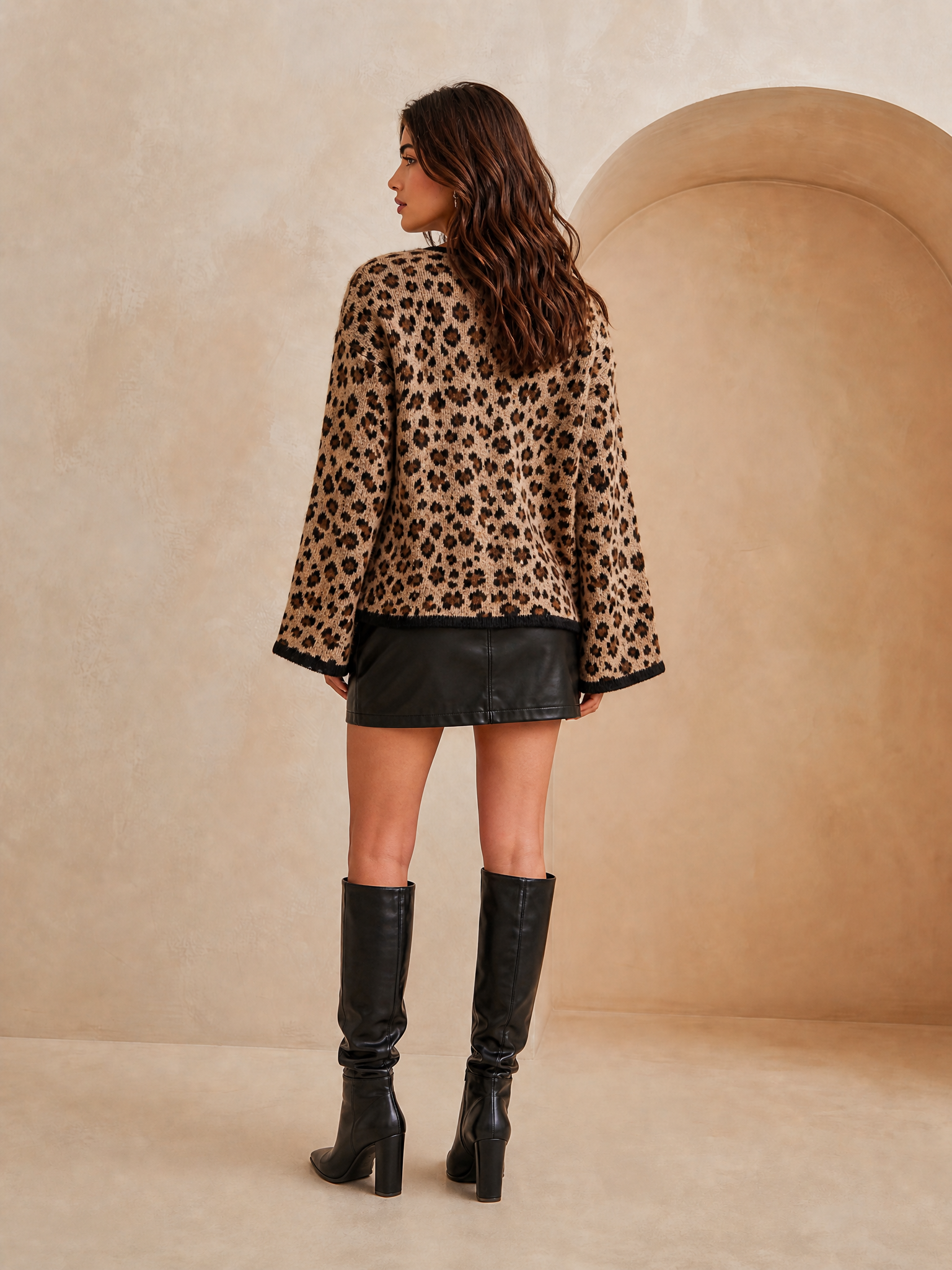 Women's Bell Sleeve Bow Tie Leopard Brown Cardigan MDZ0677H9YZJ