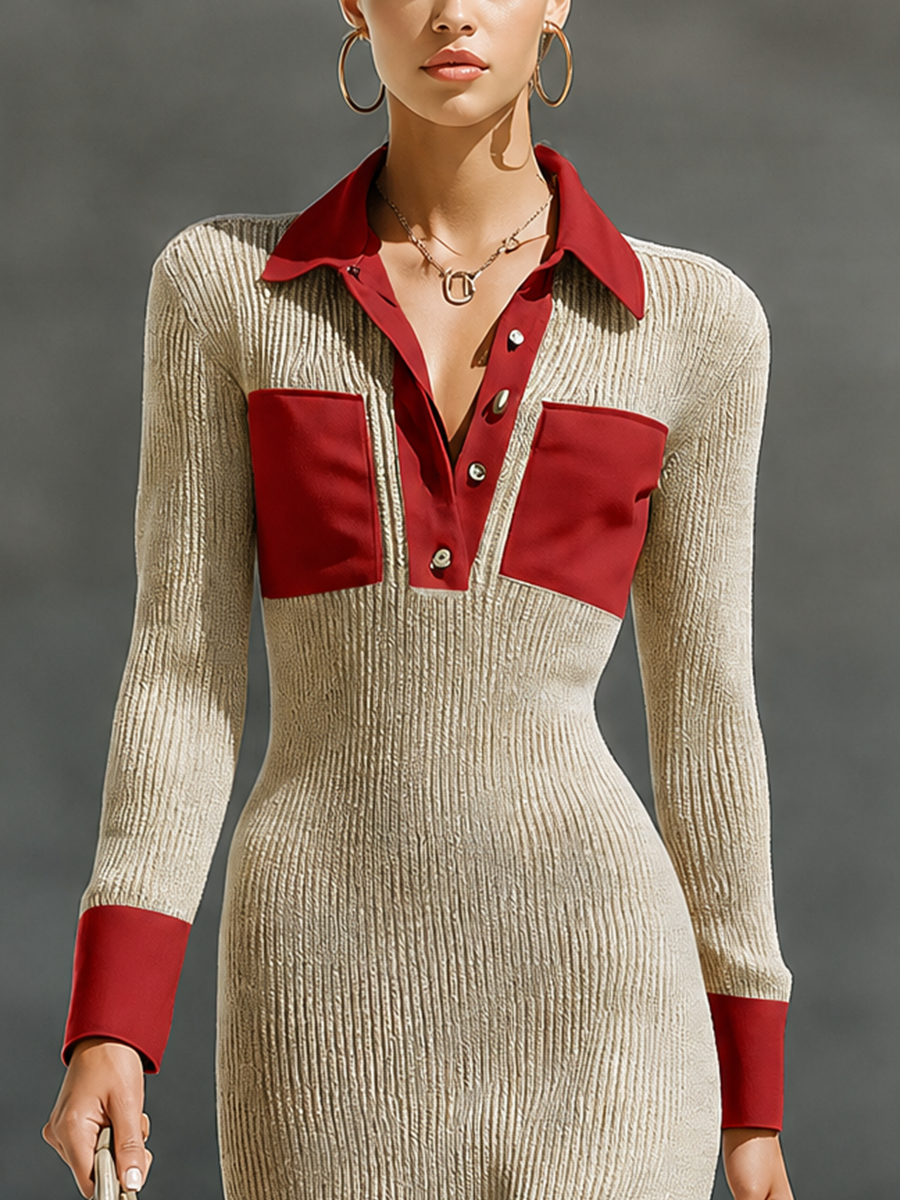 Women's Polo Collar Colorblock Splicing Ribbed Beige Bodycon Dress MDZ0645H7YZJ