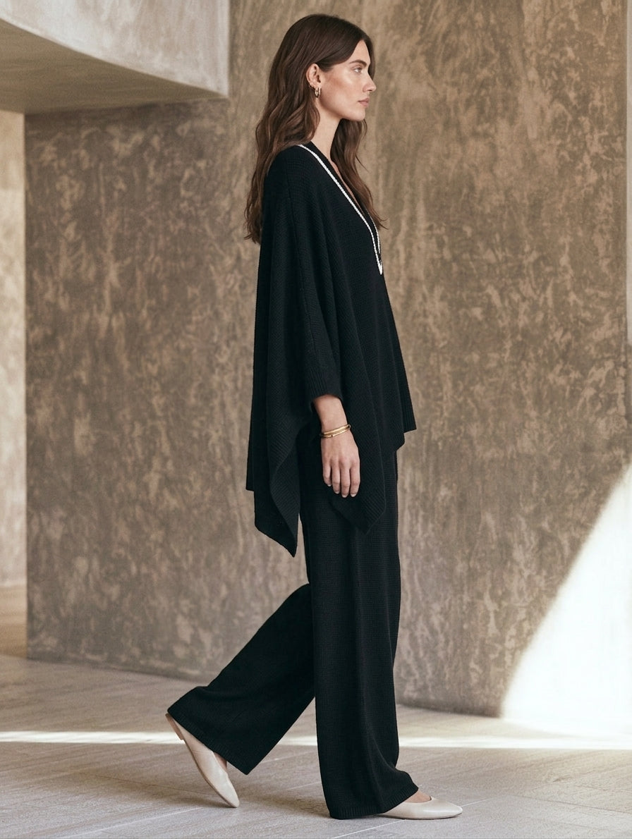 Women's Casual Black V-Neck Knit Top And Pants Set MDZ0672H8LXY