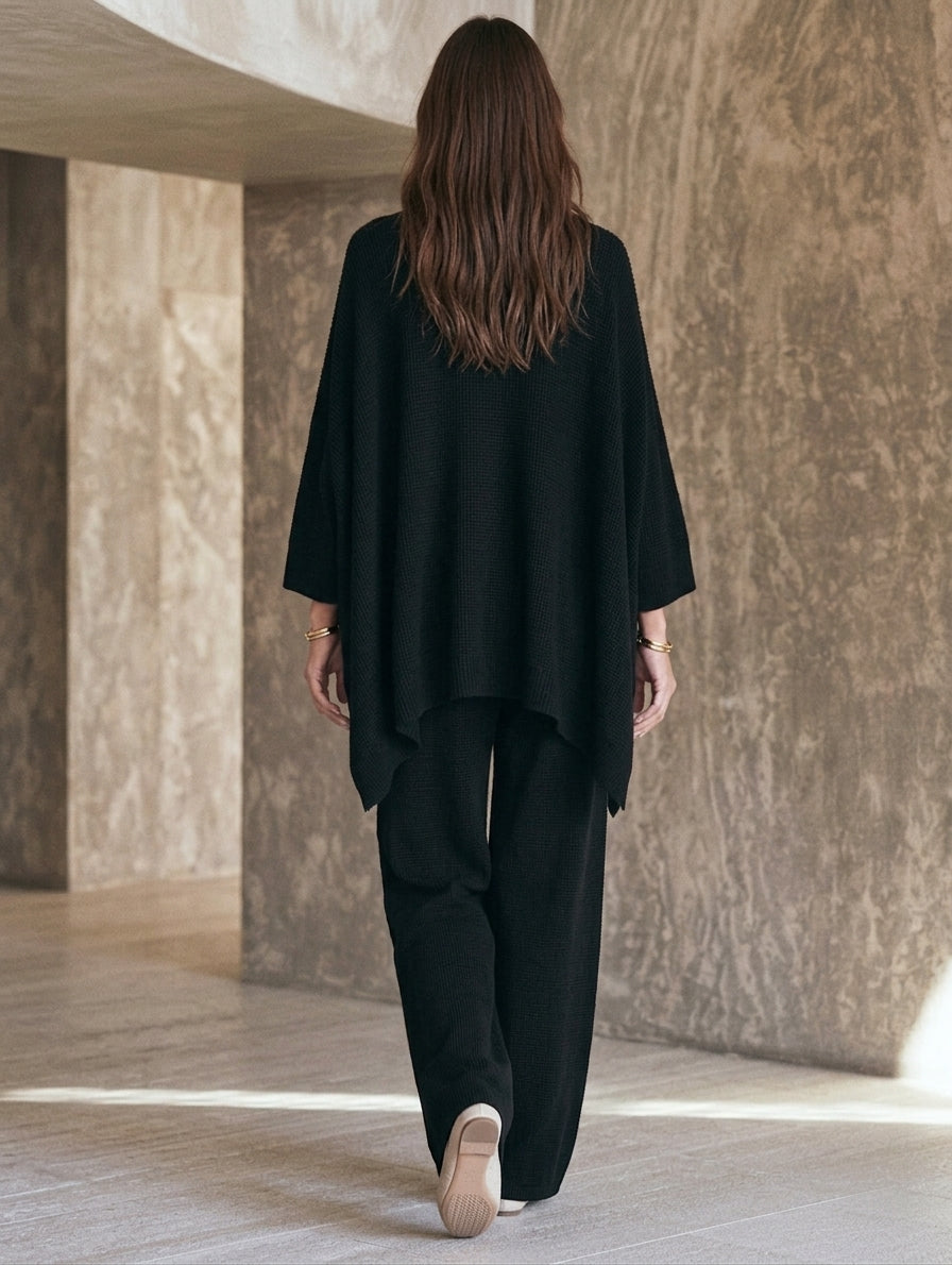Women's Casual Black V-Neck Knit Top And Pants Set MDZ0672H8LXY