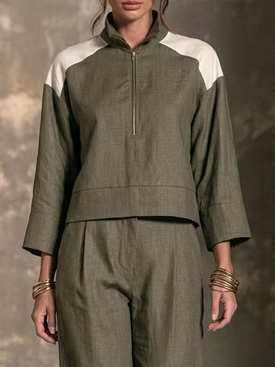 Women's Color-Block Half-Zip Stand-Collar Top & Wide-Leg Pants Linen Set MDZ0691H8ZRK