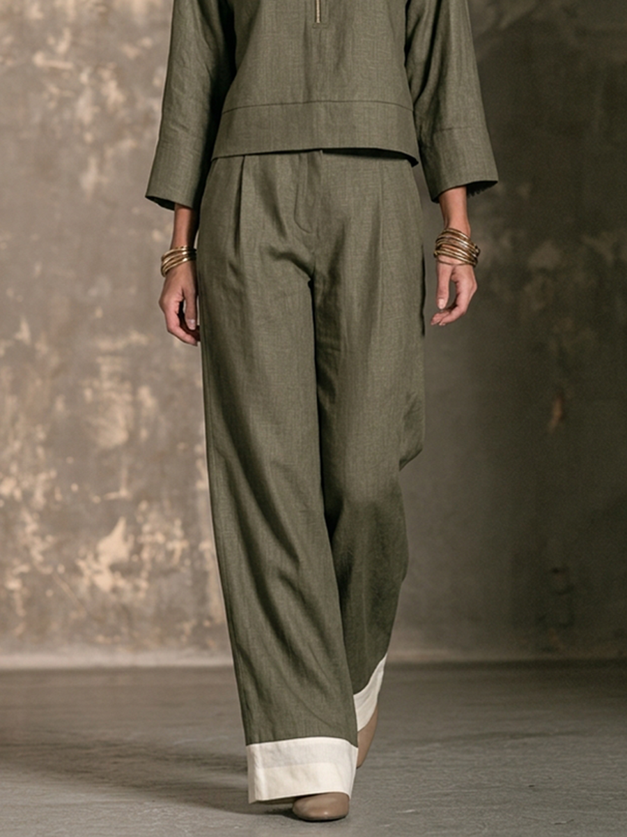 Women's Color-Block Half-Zip Stand-Collar Top & Wide-Leg Pants Linen Set MDZ0691H8ZRK