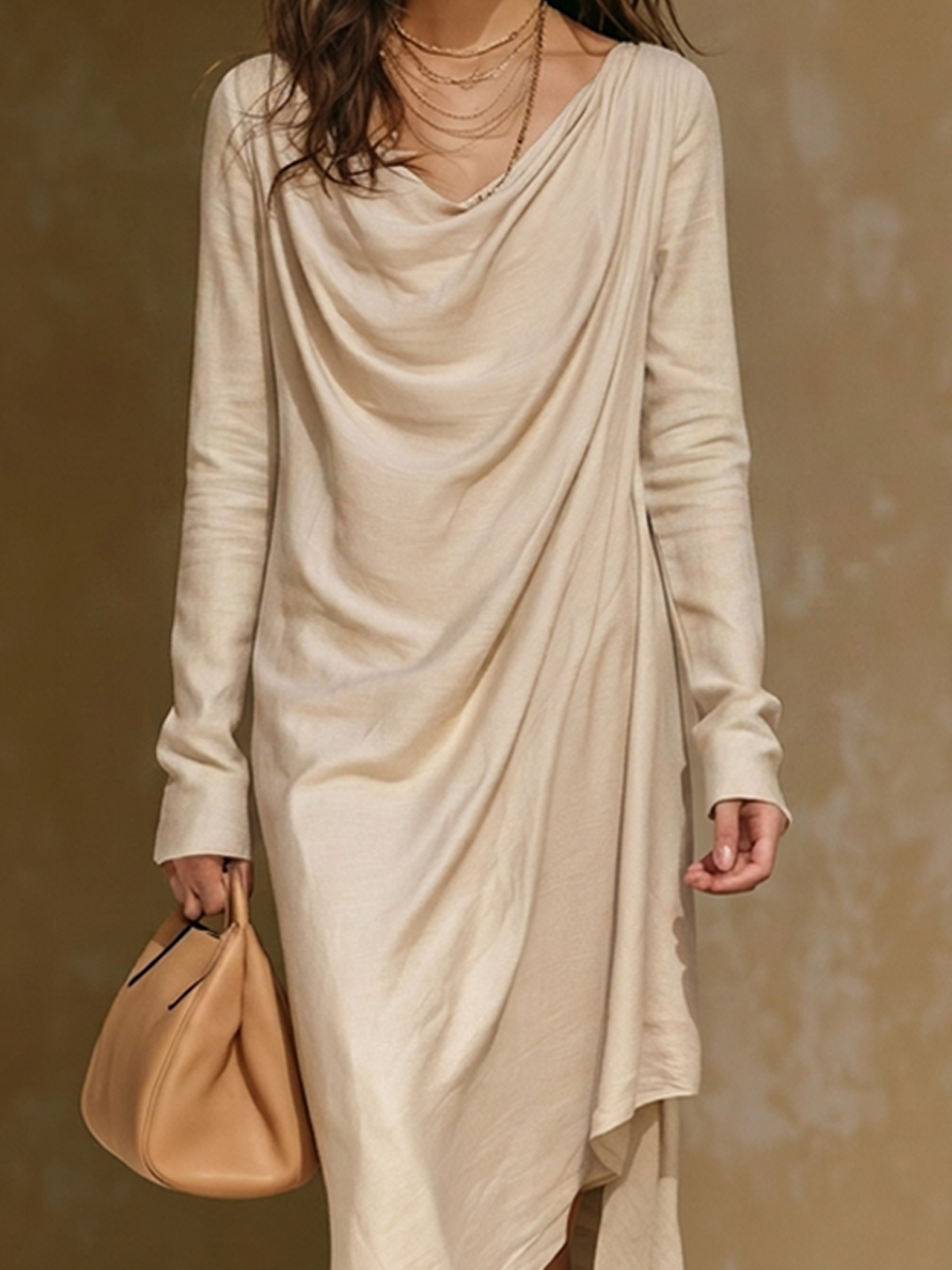 Women's Cotton-Blend Maxi Dress With Cowl Neck, Long Sleeves, And Asymmetrical Hem MDZ0615H8ZRK