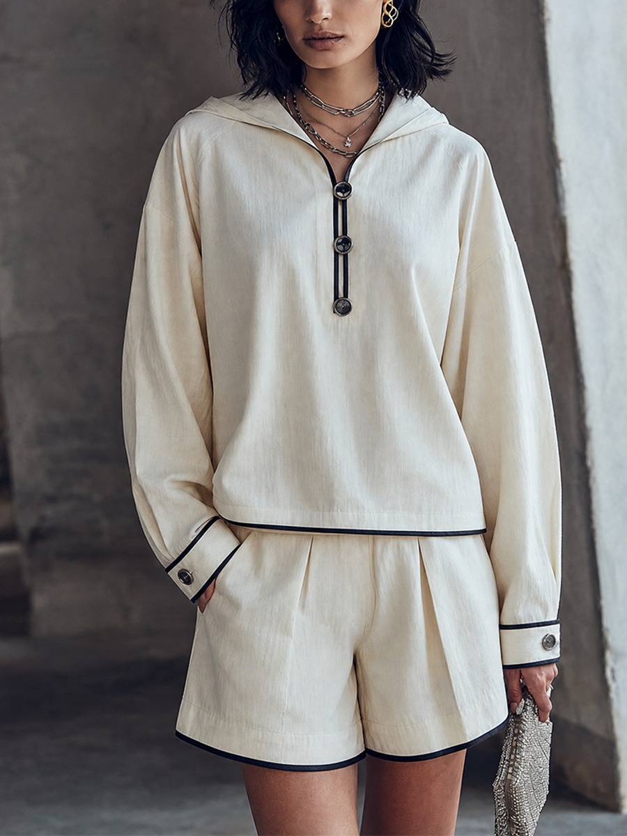 Women's Casual Cream Hooded Shorts Set MDZ0693H8GMJ