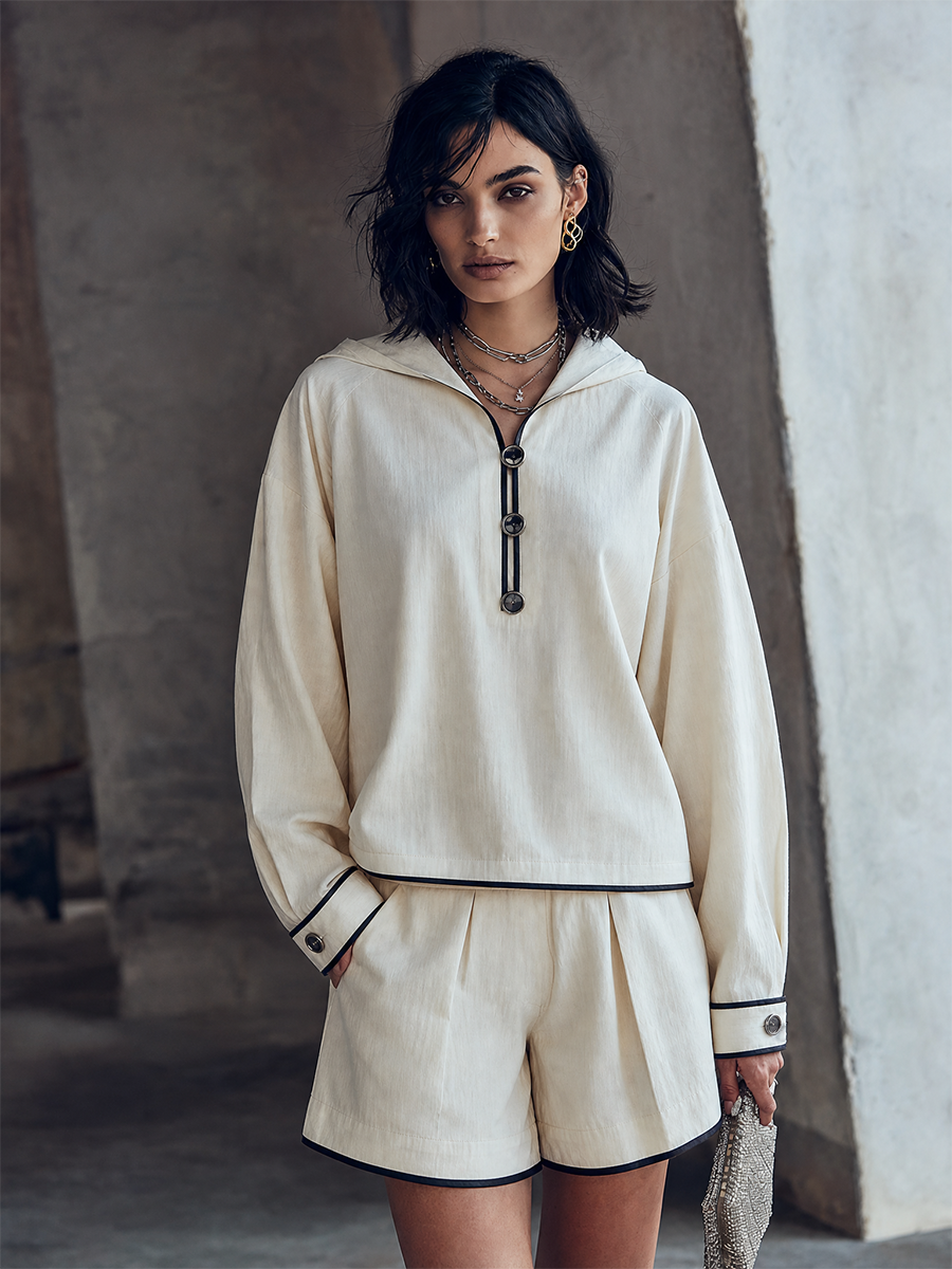 Women's Casual Cream Hooded Shorts Set MDZ0693H8GMJ