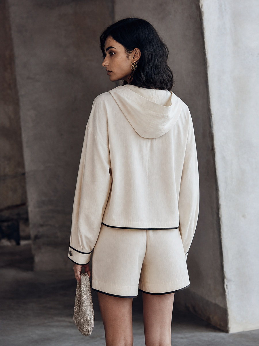 Women's Casual Cream Hooded Shorts Set MDZ0693H8GMJ