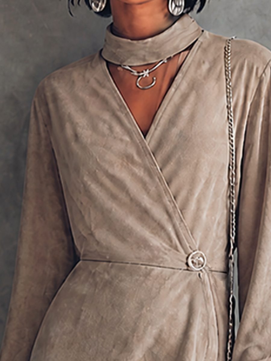 Women's Chic Taupe Suede Wrap Mini Dress MDZ0606H1GMJ