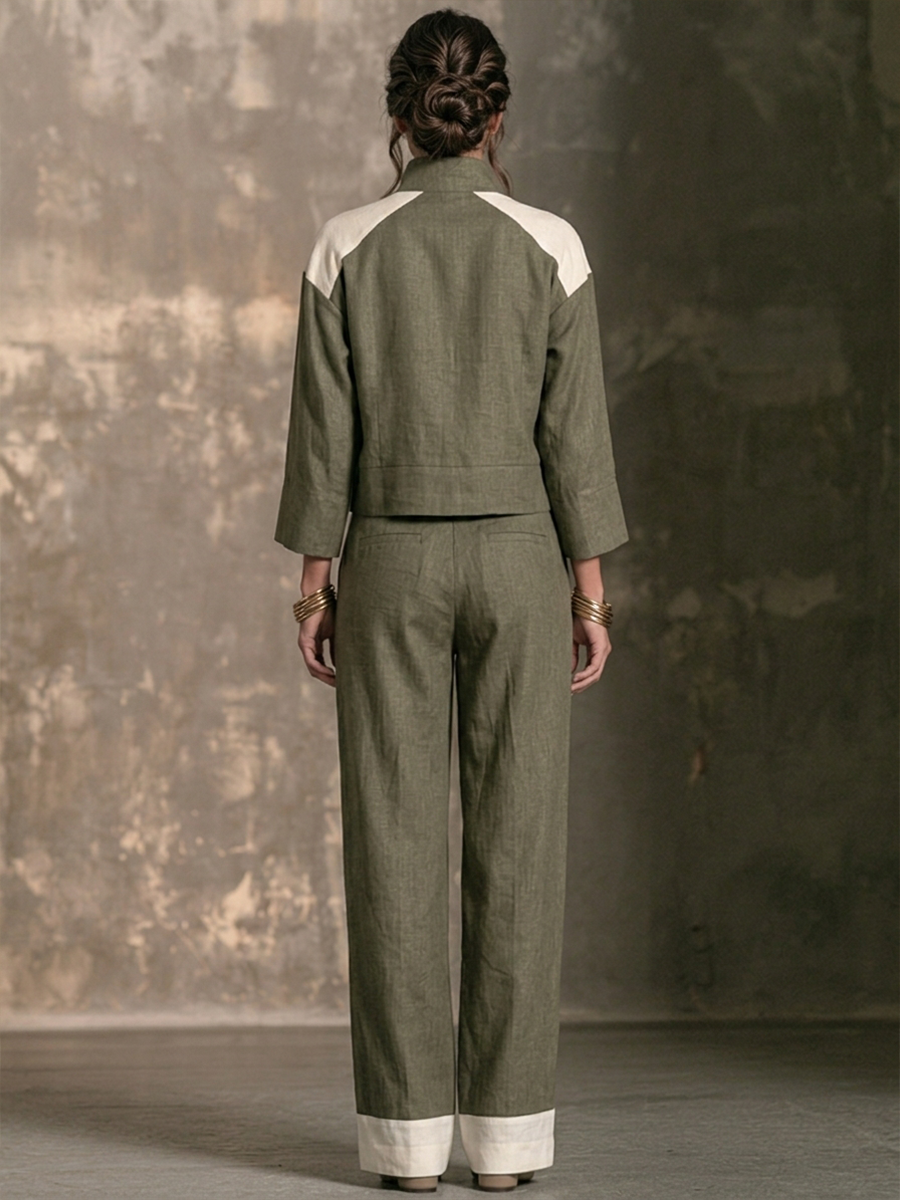 Women's Color-Block Half-Zip Stand-Collar Top & Wide-Leg Pants Linen Set MDZ0691H8ZRK