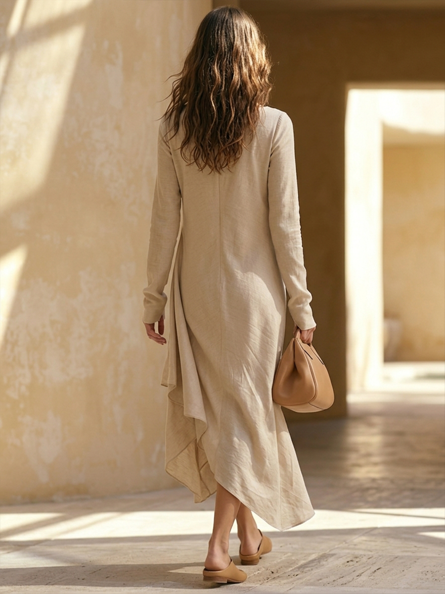 Women's Cotton-Blend Maxi Dress With Cowl Neck, Long Sleeves, And Asymmetrical Hem MDZ0615H8ZRK