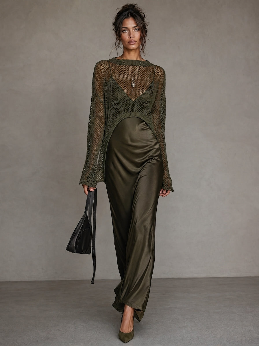 Women's Minimalist Satin Camisole Dress And Knit Cover-up Set MDZ0754H8WY