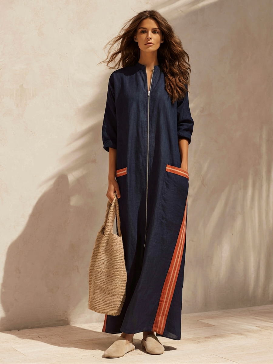 Women's Stand-Collar Half-Zip Cotton-Linen Maxi Dress With Contrast Stripes MDZ0743H0ZRK