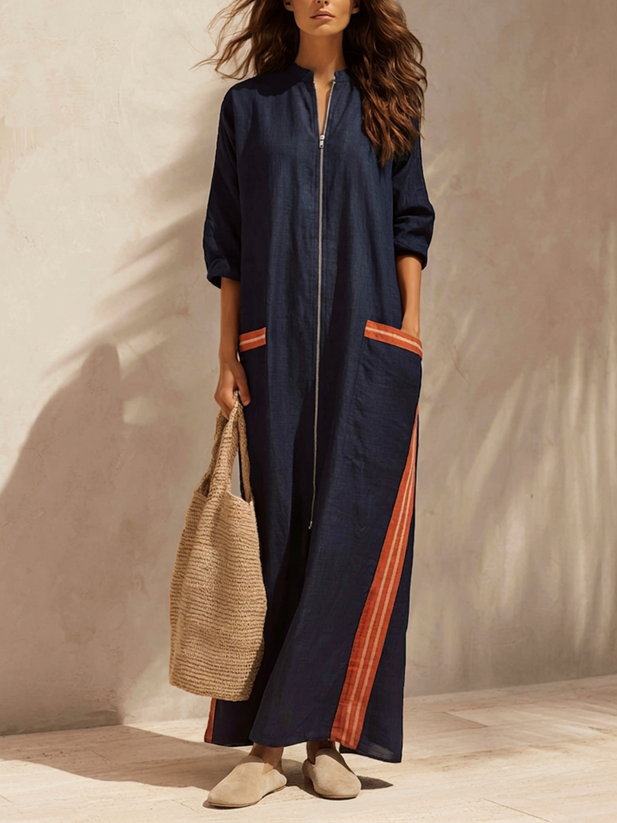 Women's Stand-Collar Half-Zip Cotton-Linen Maxi Dress With Contrast Stripes MDZ0743H0ZRK