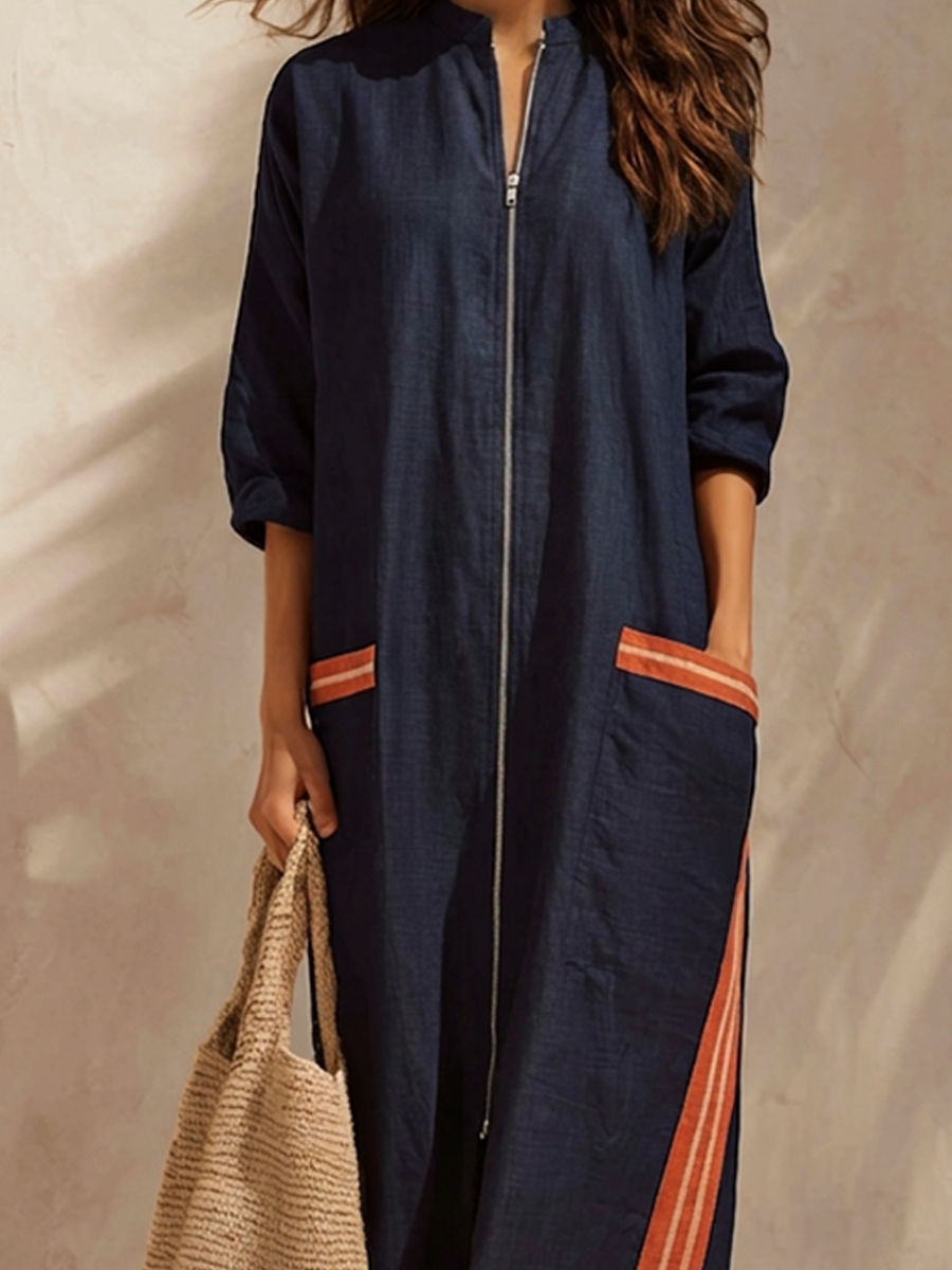 Women's Stand-Collar Half-Zip Cotton-Linen Maxi Dress With Contrast Stripes MDZ0743H0ZRK
