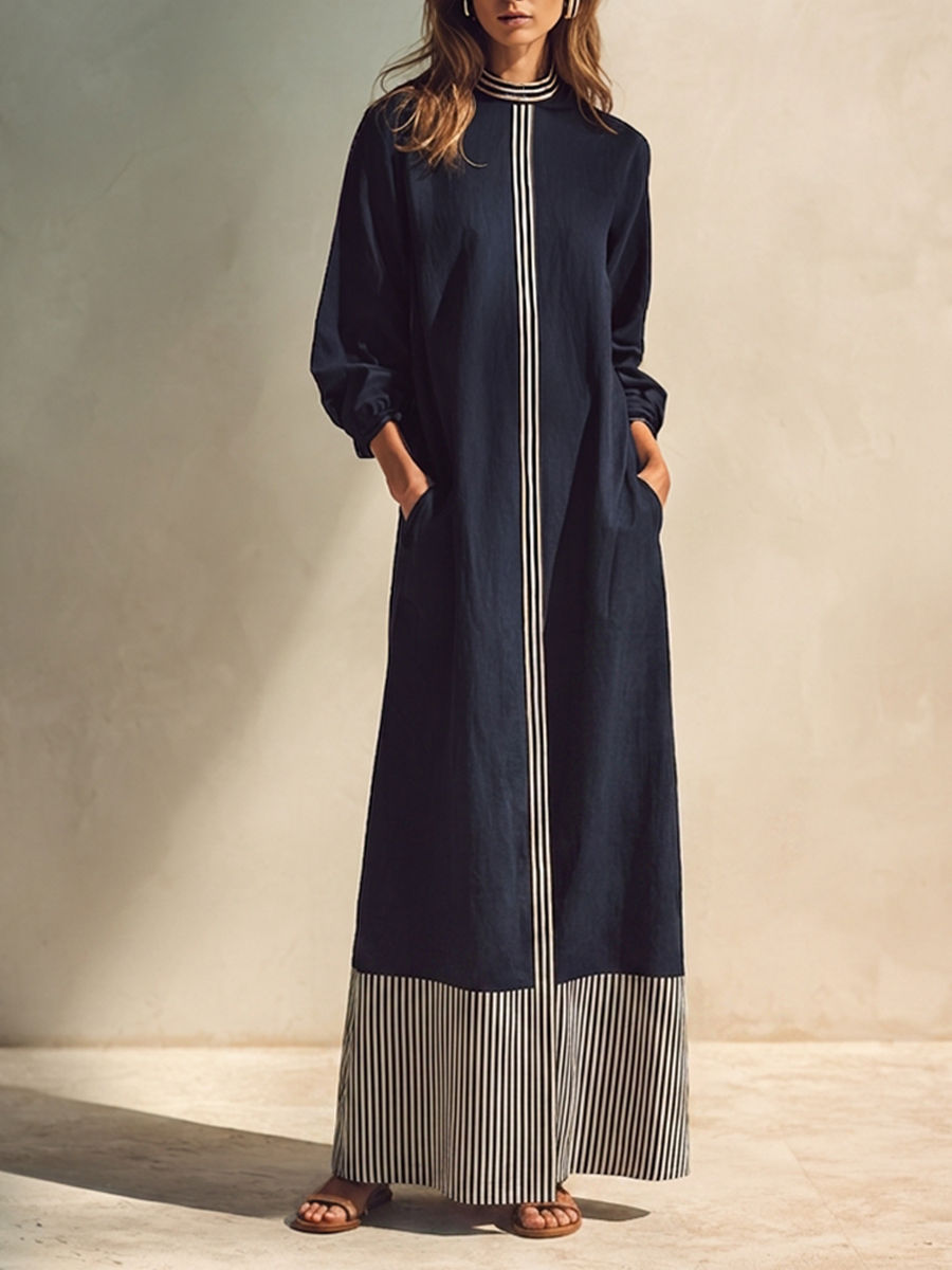 Women's Stand-Collar Cotton-Linen Maxi Dress With Color-Block Striped Hem MDZ0752H9ZRK