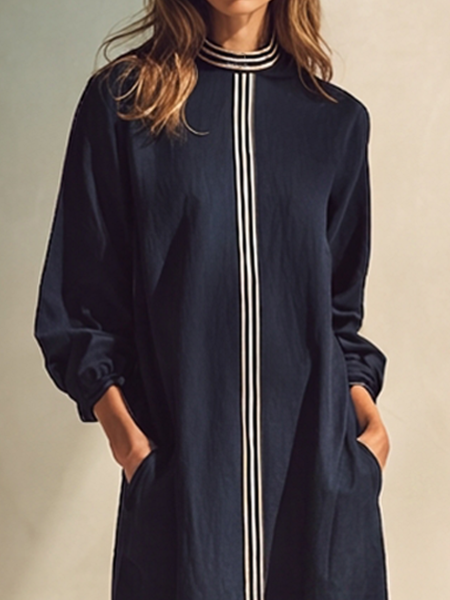 Women's Stand-Collar Cotton-Linen Maxi Dress With Color-Block Striped Hem MDZ0752H9ZRK