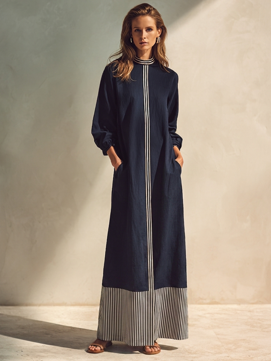 Women's Stand-Collar Cotton-Linen Maxi Dress With Color-Block Striped Hem MDZ0752H9ZRK