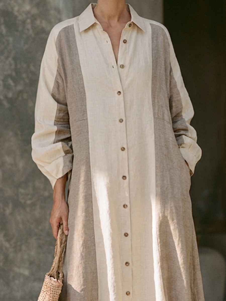 Women's Color-Block Button-Down Cotton-Linen Shirt Dress MDZ0740H4ZRK